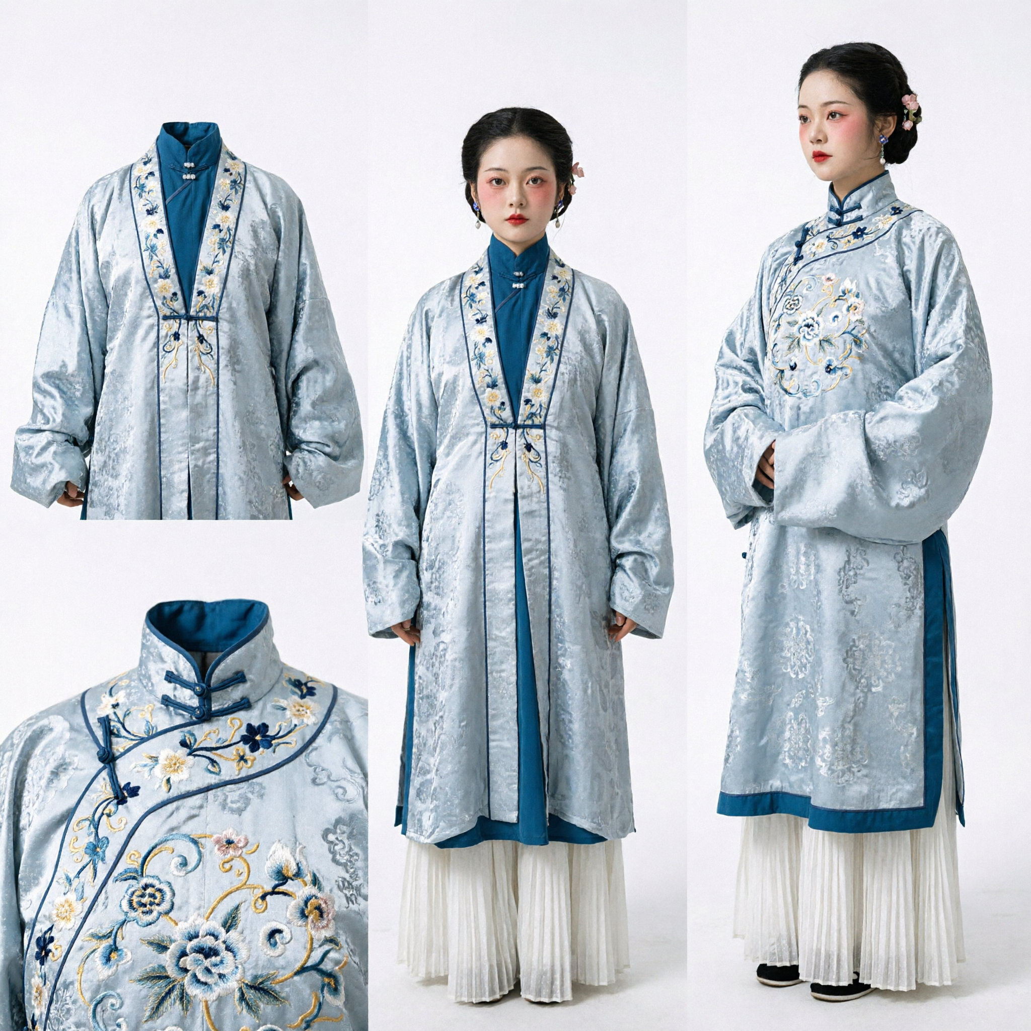 Traditional Chinese Ming Dynasty Hanfu Costume for Women Elegant Grey Embroidered Robe and Pleated Skirt Set
