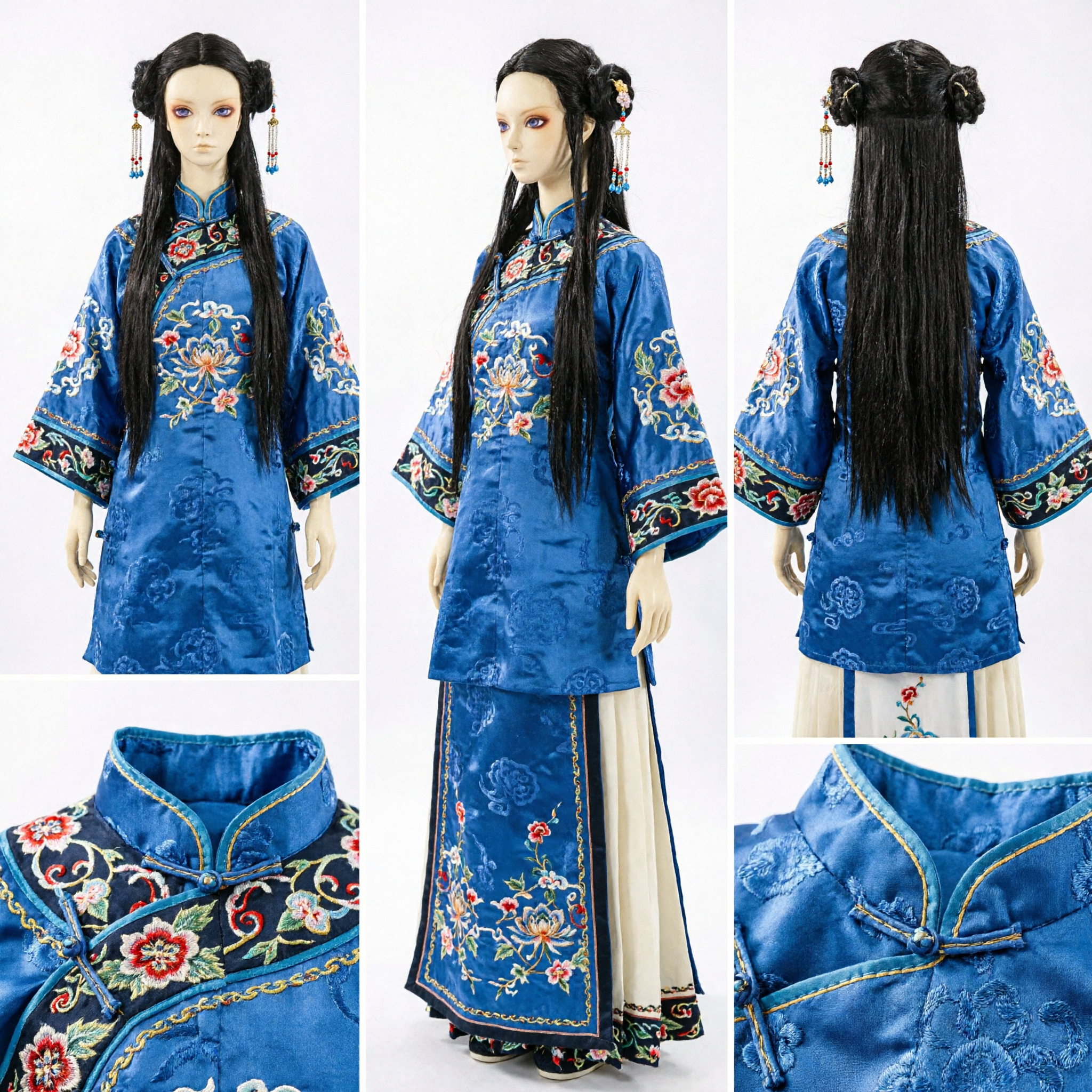 Ancient Chinese Princess Wig Black Long Hair Double Buns Hanfu Cosplay Traditional Costume Accessory for Women