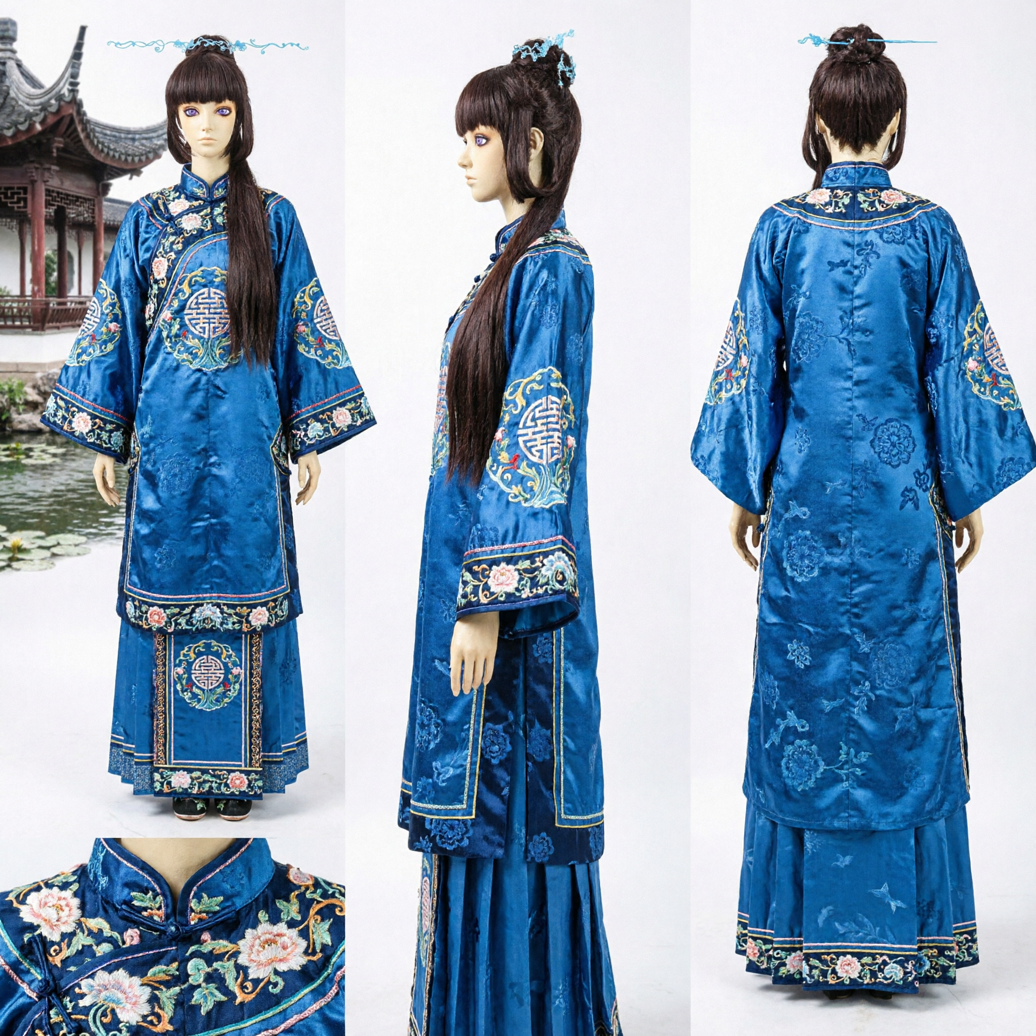 Long Black Ancient Chinese Wig for Hanfu Cosplay Traditional Costume with Bangs and Top Knot
