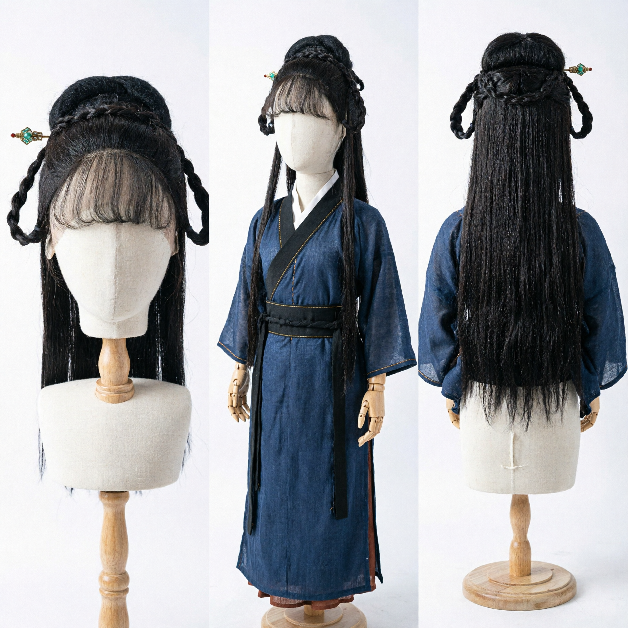 Ancient Chinese Hanfu Wig Black Long Hair Braided Topknot Cosplay Hairpiece for Women Wuxia Drama