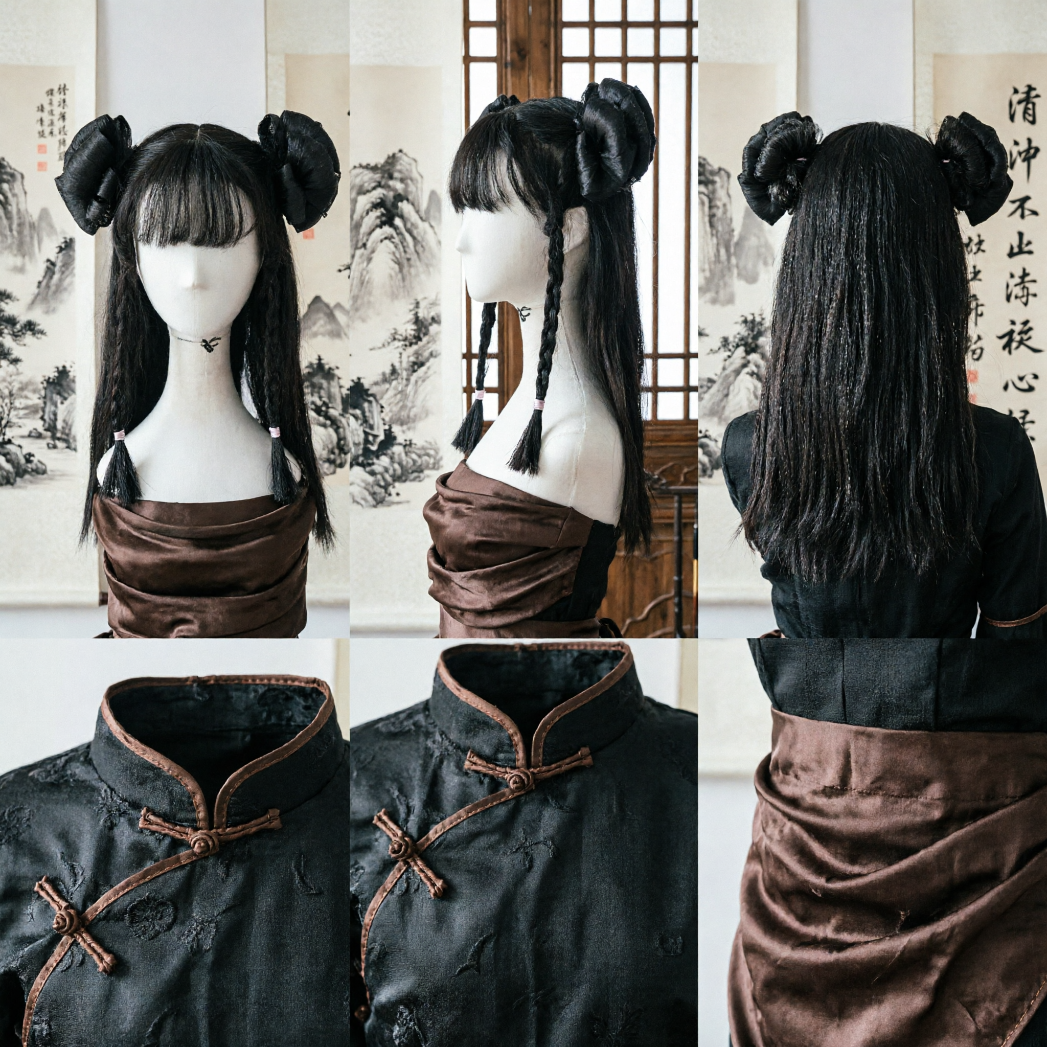 Ancient Chinese Hanfu Wig Traditional Double Bun Black Hairpiece for Historical Cosplay and Performance