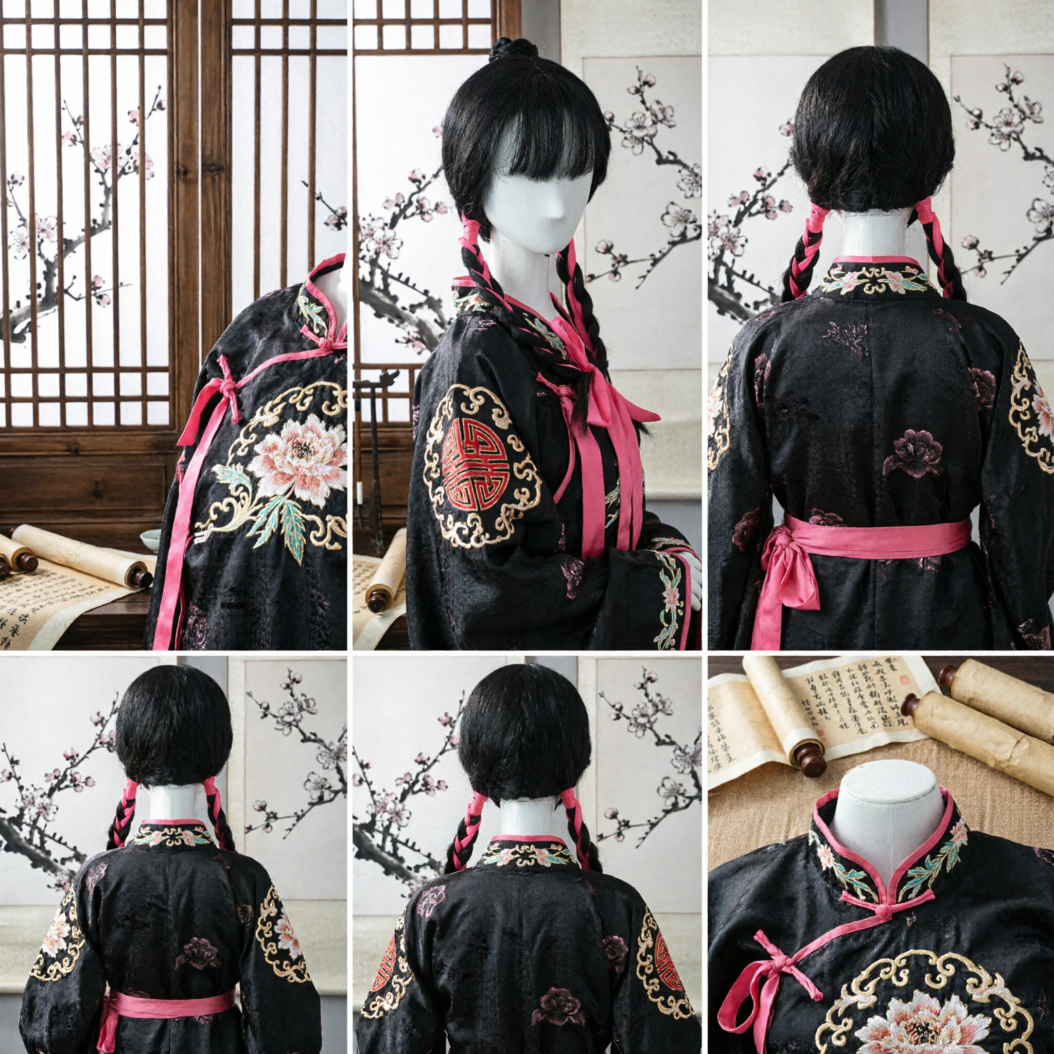 Ancient Chinese Style Black Wig with Pink Ribbon Braids and Top Knot for Hanfu Cosplay Costume