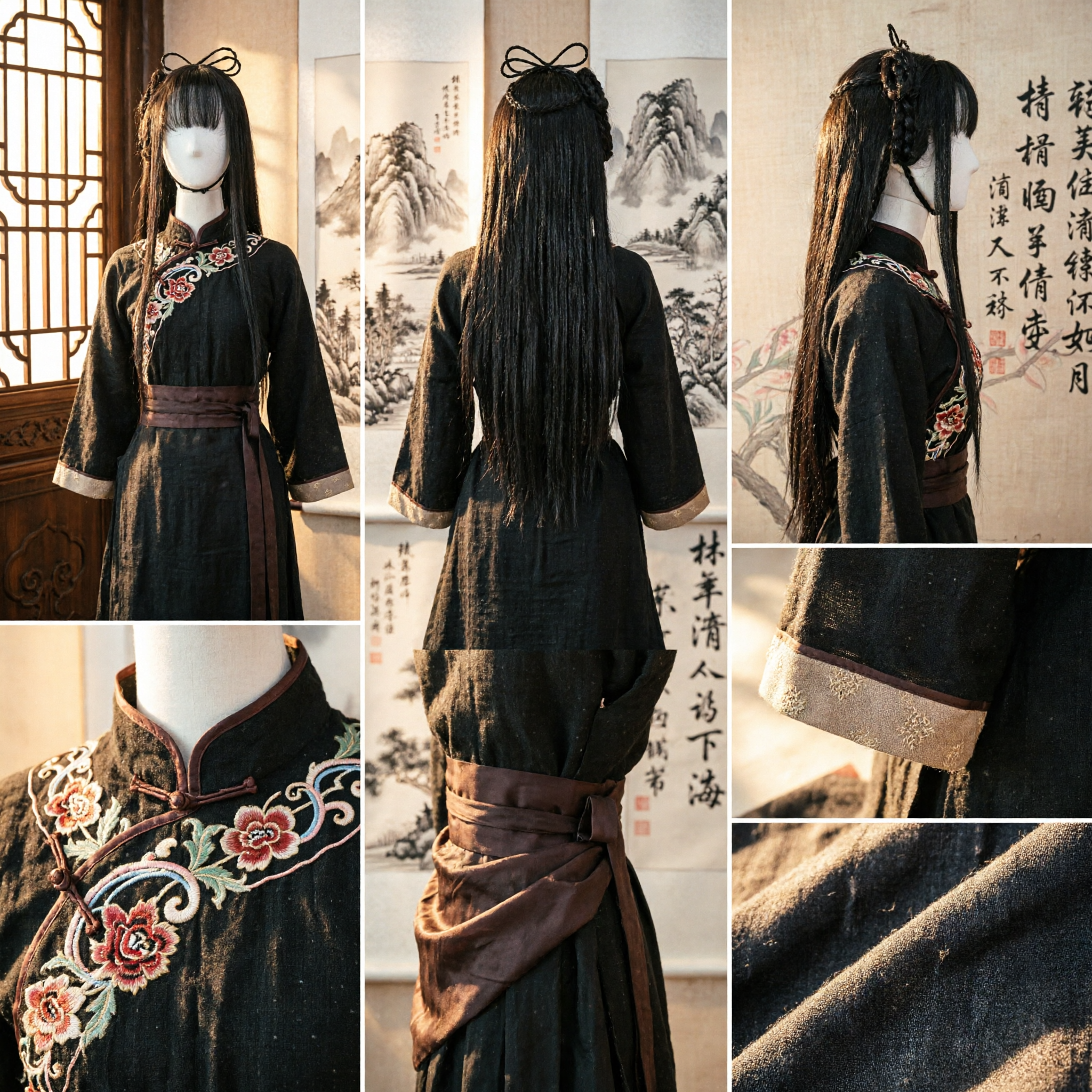 Traditional Ancient Chinese Hanfu Wig Long Black Hair with Side Braid and Bow for Women