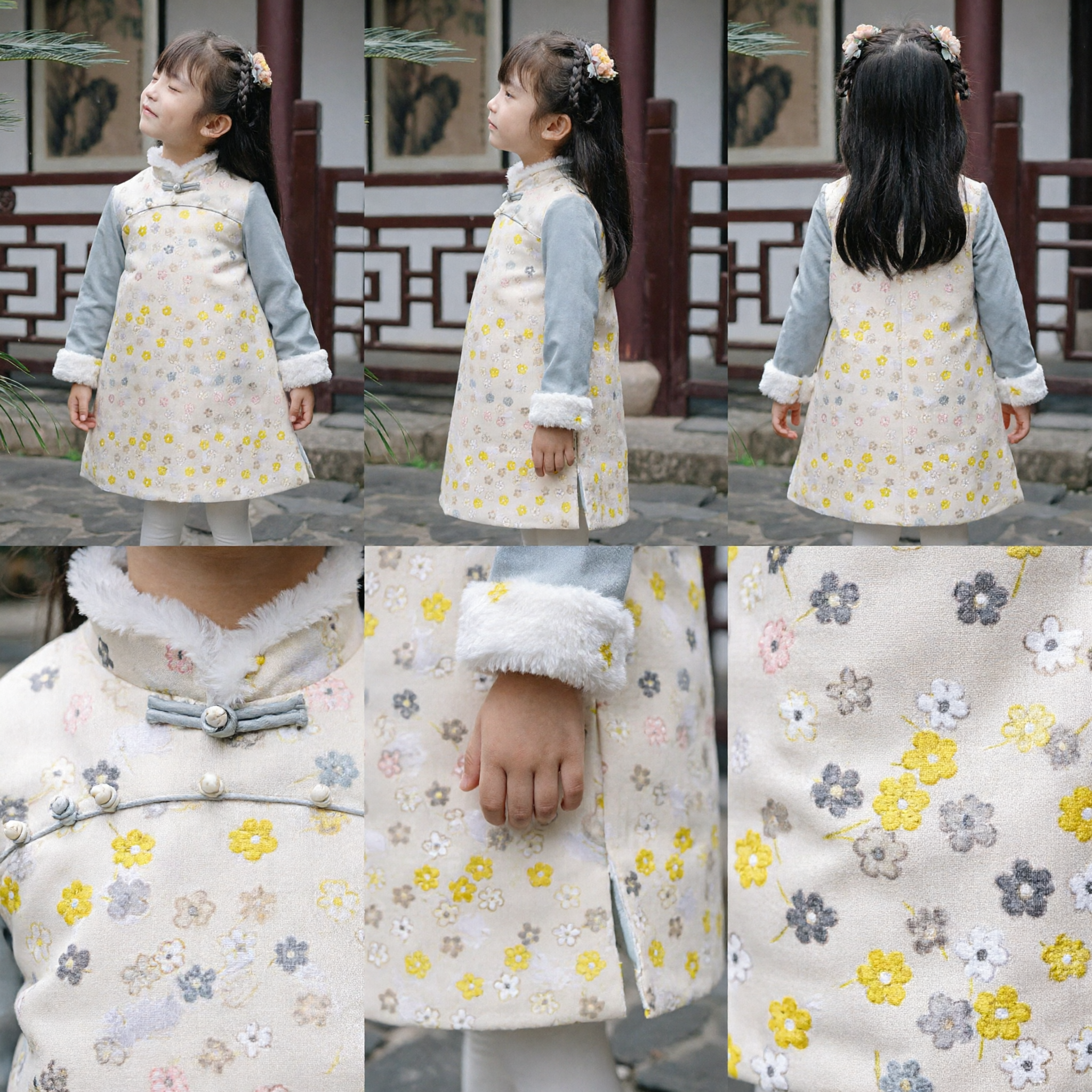 Kids Girls Traditional Chinese Winter Cheongsam Dress Floral Tang Suit Costume for Lunar New Year