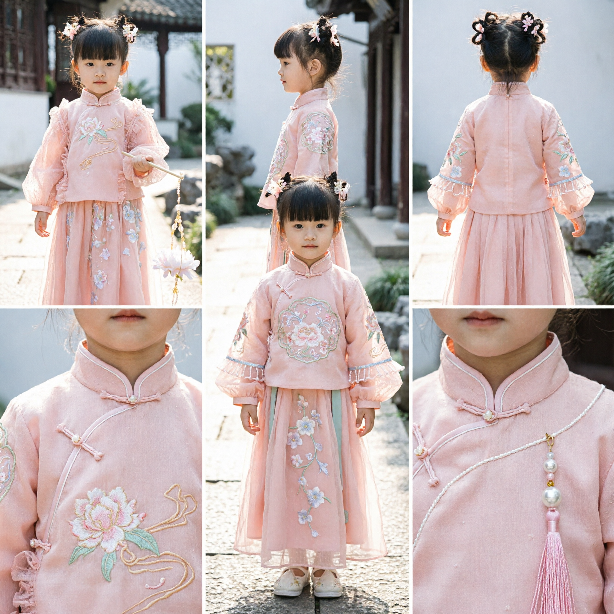 Girls Pink Traditional Hanfu Dress Chinese Embroidery Ruffle Sleeve Outfit for Festival Wedding