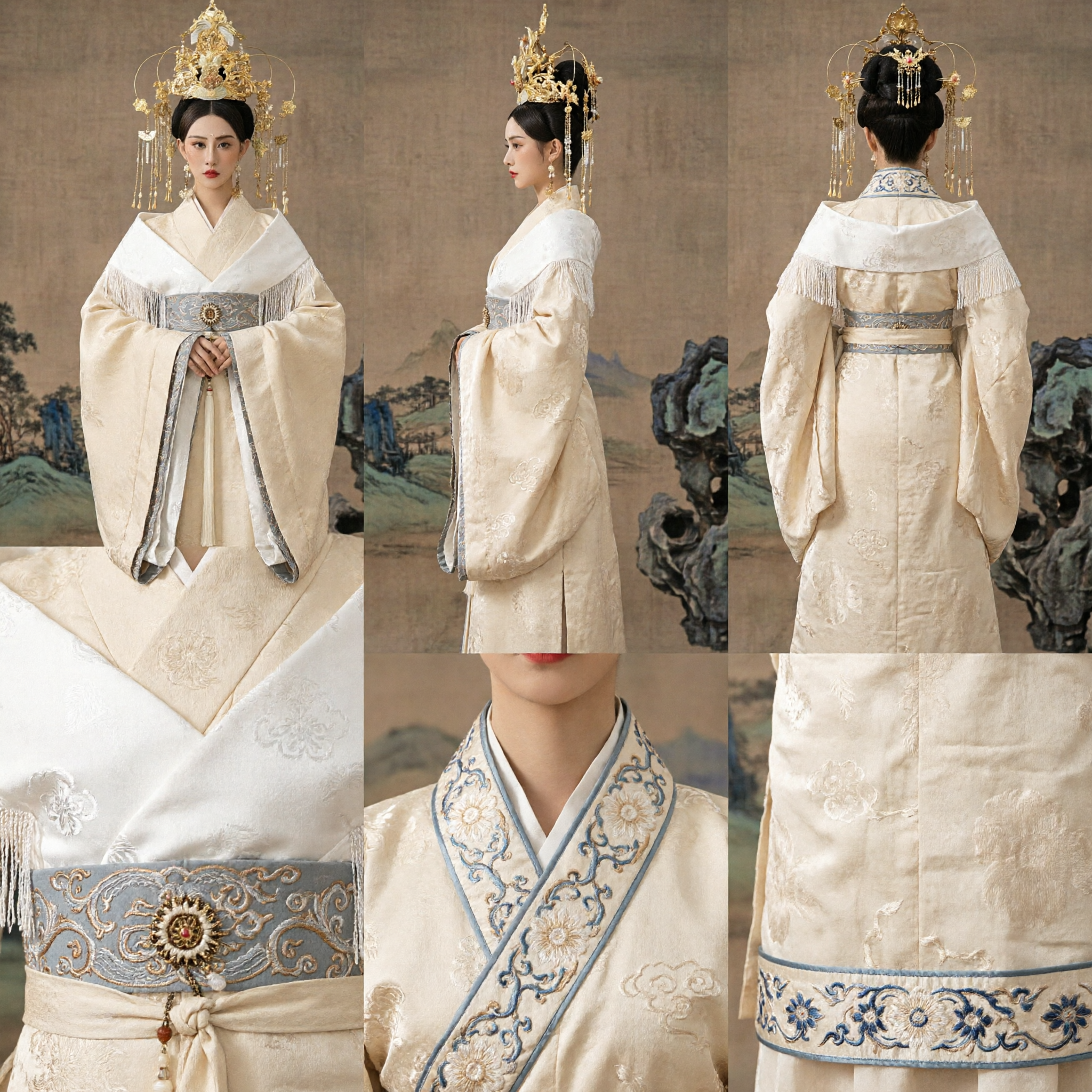 Ancient Chinese Imperial Empress Hanfu Costume Traditional White Dress with Golden Crown Headpiece for Women