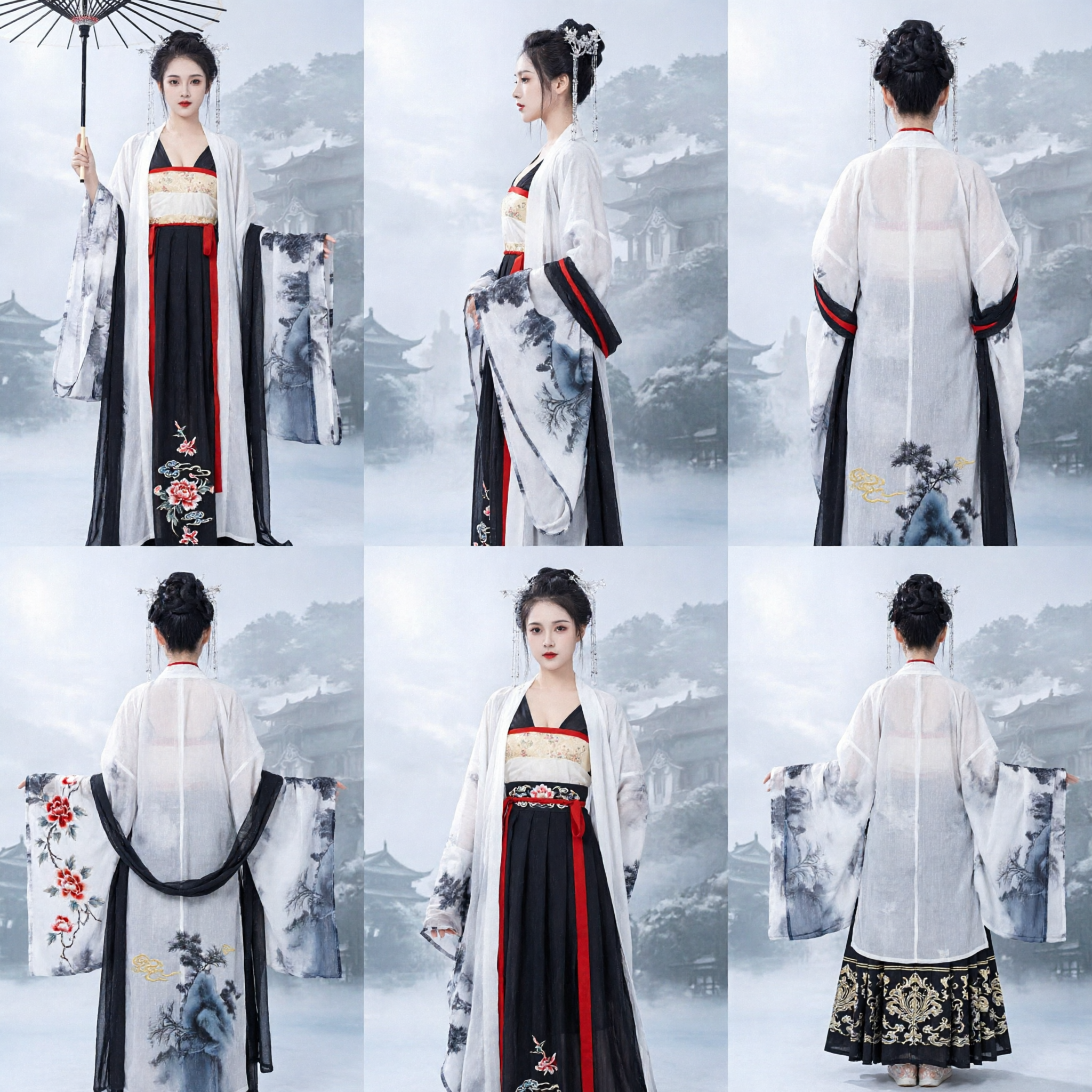 Elegant Chinese Traditional Hanfu Costume for Women Ancient Ink Wash Painting Dress Historical Cosplay Clothing