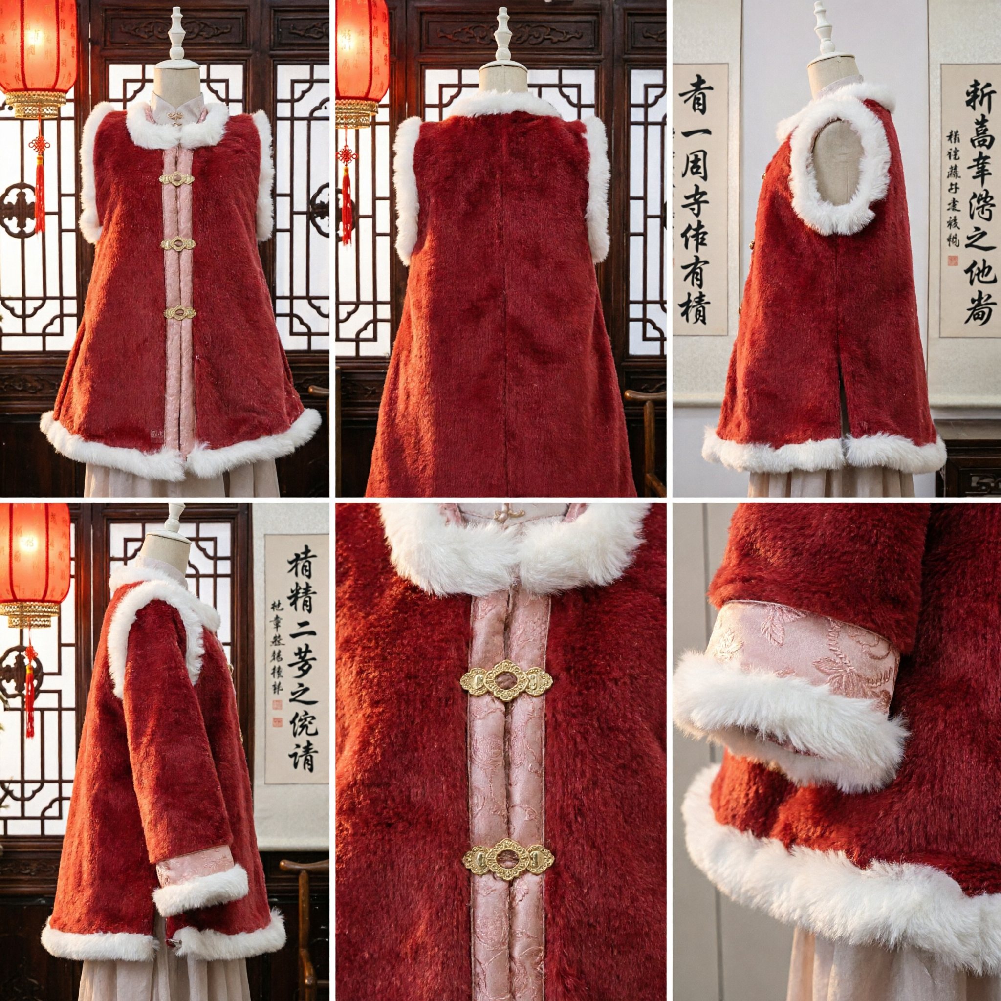 Traditional Chinese Red Fur Vest Hanfu Winter Cloak with White Trim for Women Lunar New Year Wedding