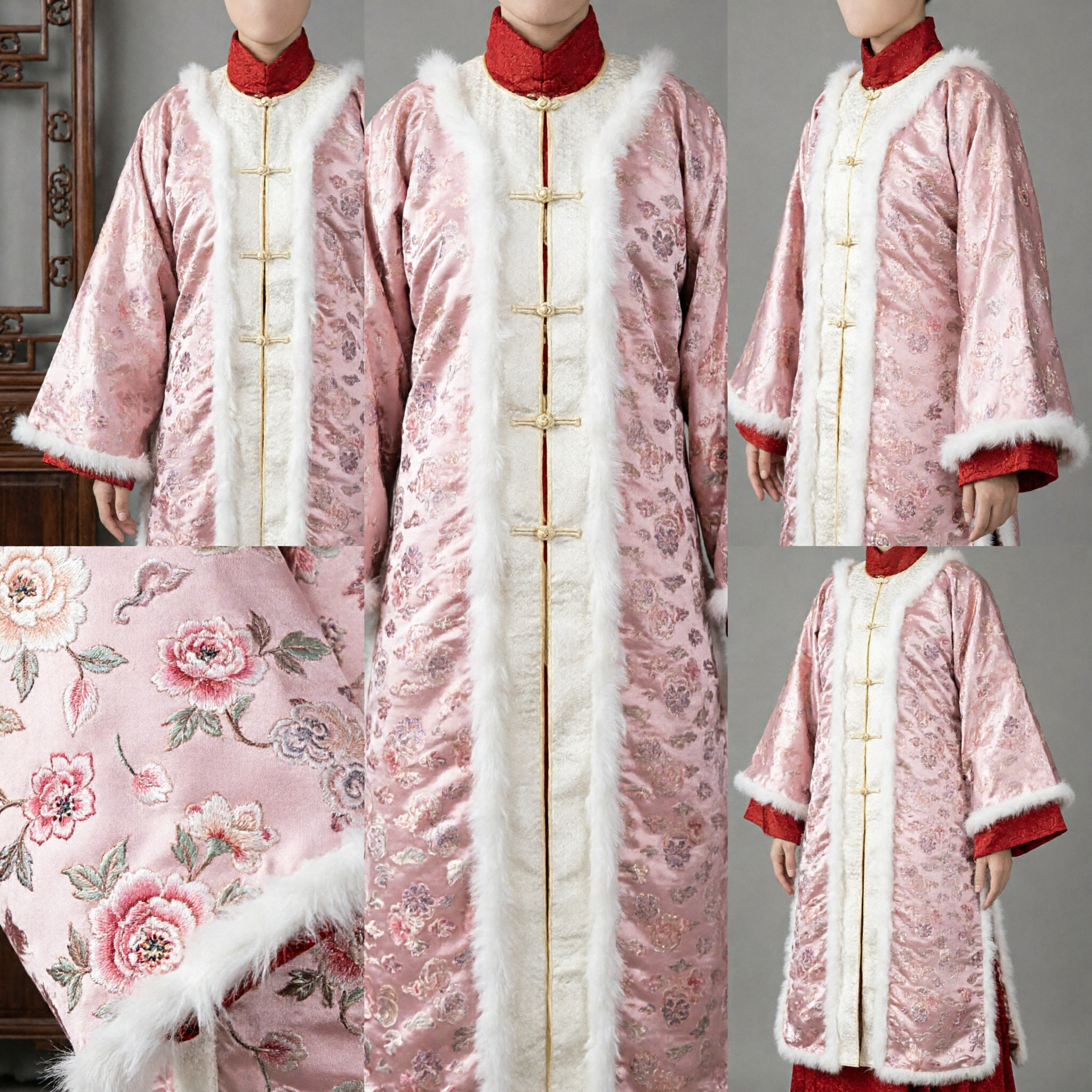 Traditional Chinese Hanfu Ming Dynasty Pink Floral Fur Trim Pifeng Coat Winter Robe for Women