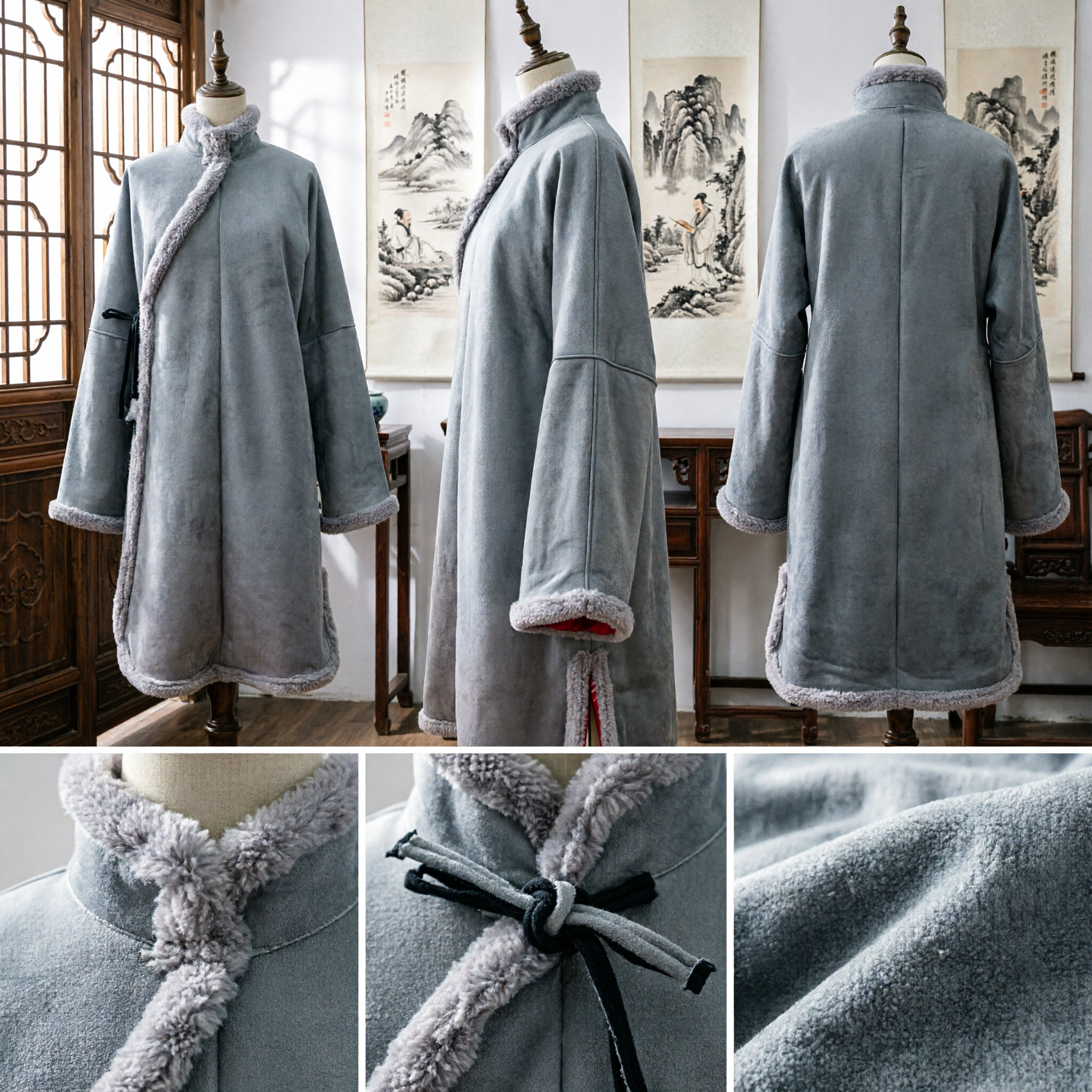 Traditional Chinese Grey Winter Cloak with Fur Trim Ancient Hanfu Historical Costume for Men and Women