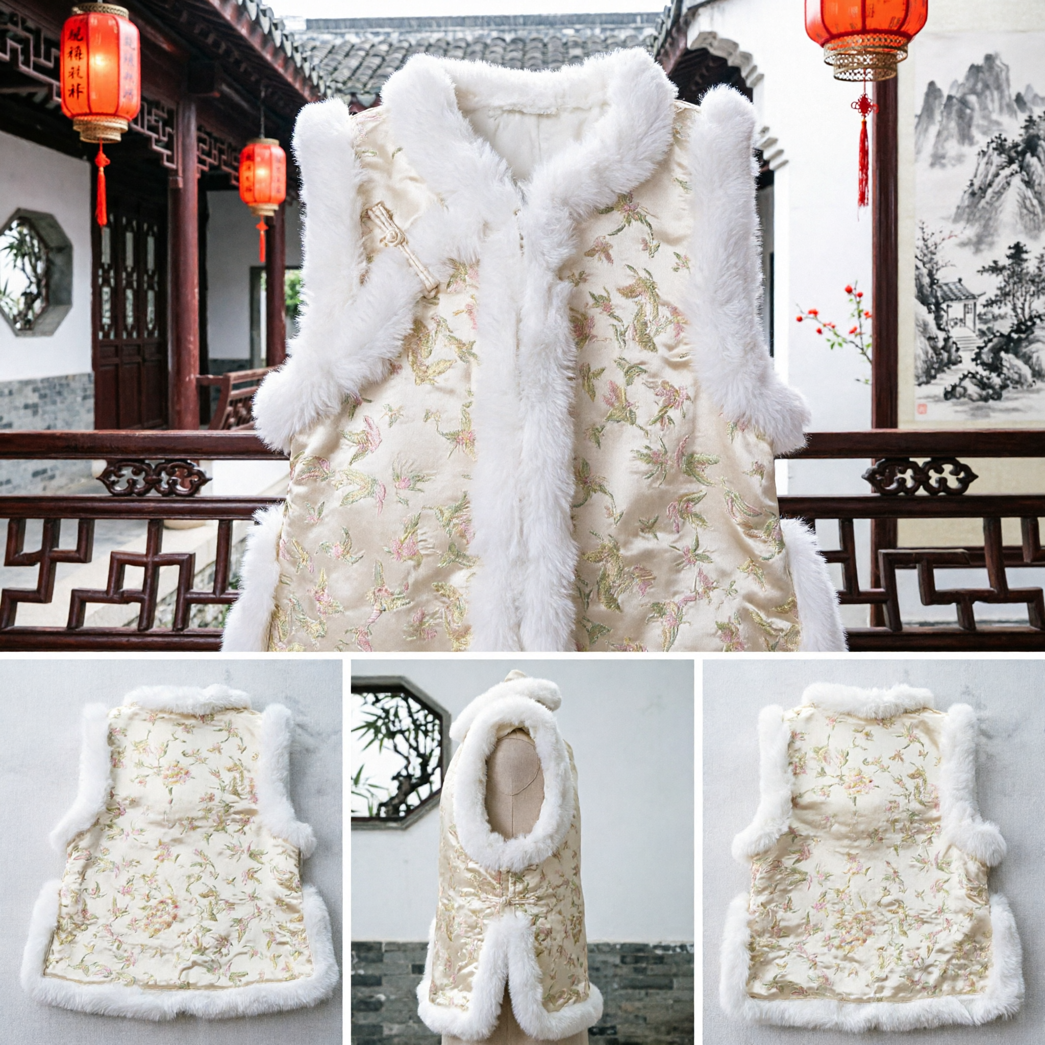 Traditional Chinese Winter Vest with White Faux Fur Trim Floral Tang Suit Waistcoat for Festivals
