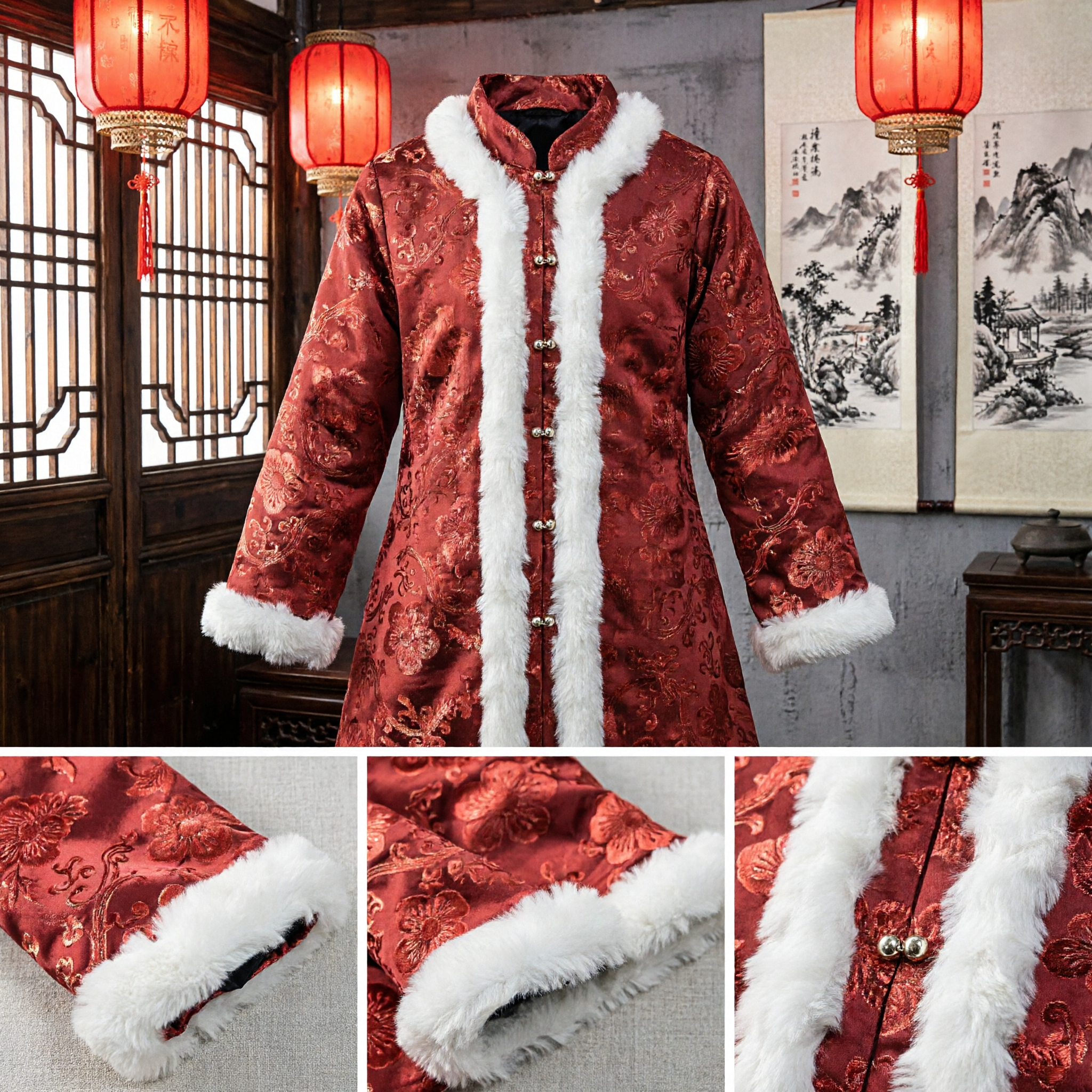 Traditional Chinese Men's Red Brocade Robe with White Fur Trim Winter Wedding Costume