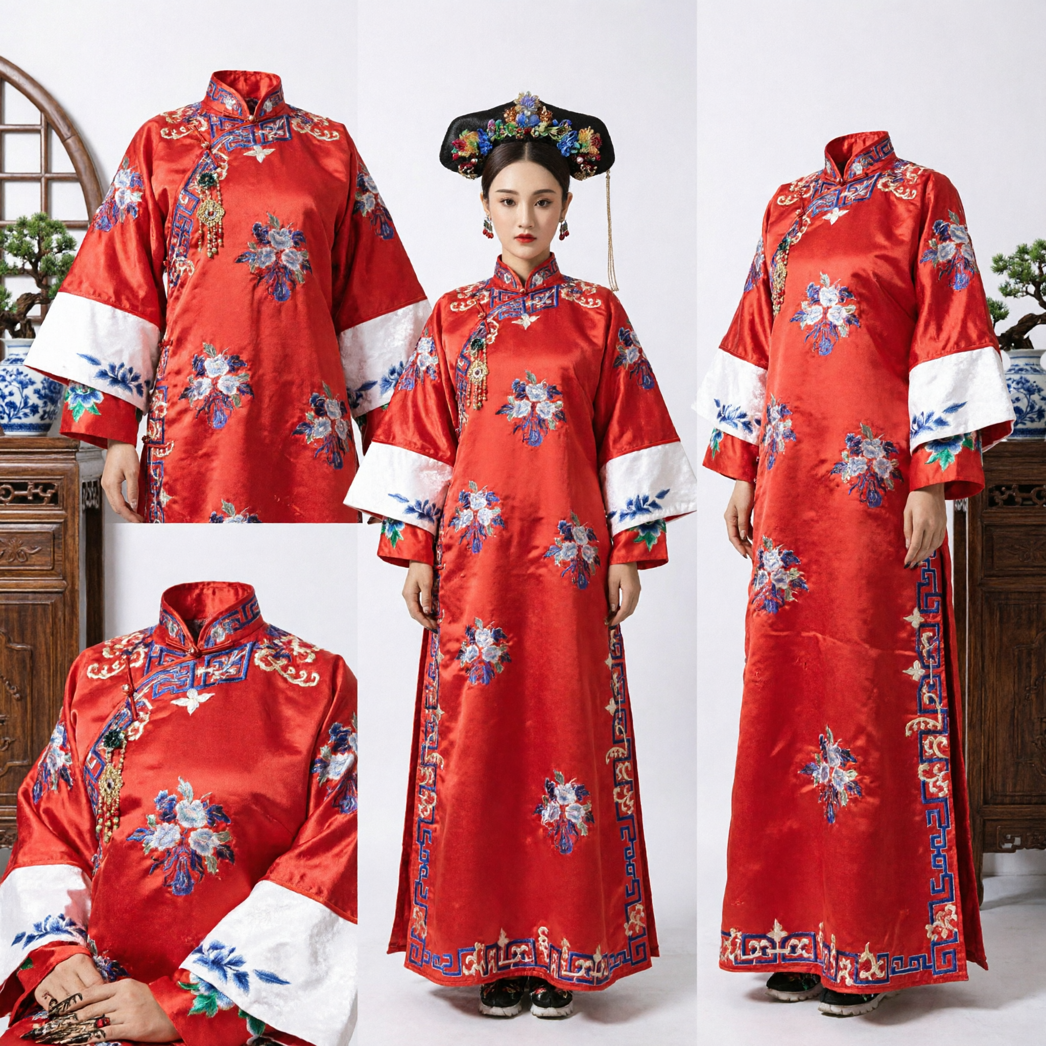 Traditional Chinese Qing Dynasty Manchu Empress Red Embroidered Robe Ancient Costume Dress for Women Wedding Photoshoot