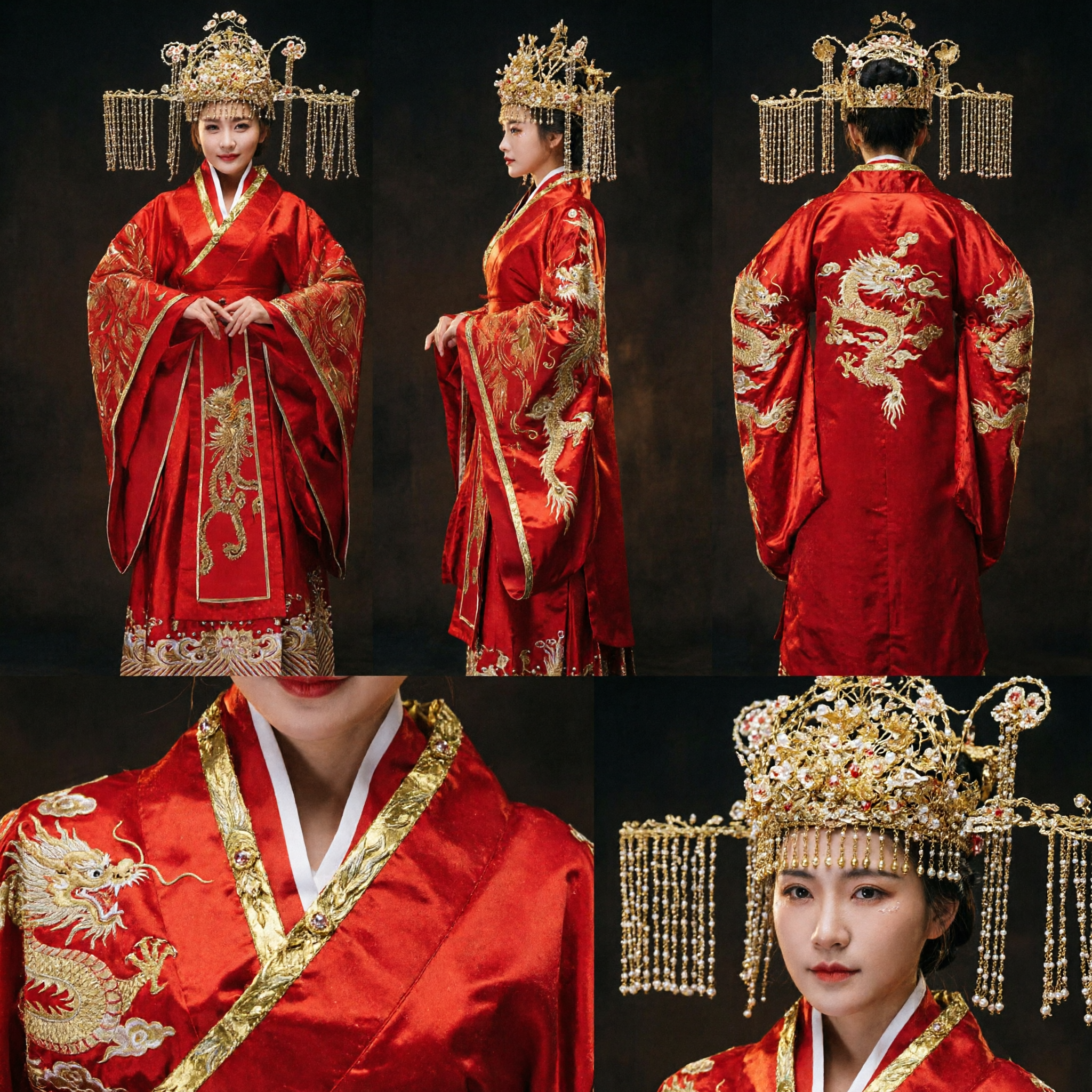 Traditional Chinese Wedding Dress Red Hanfu Embroidered Bridal Robe with Phoenix Coronet for Women