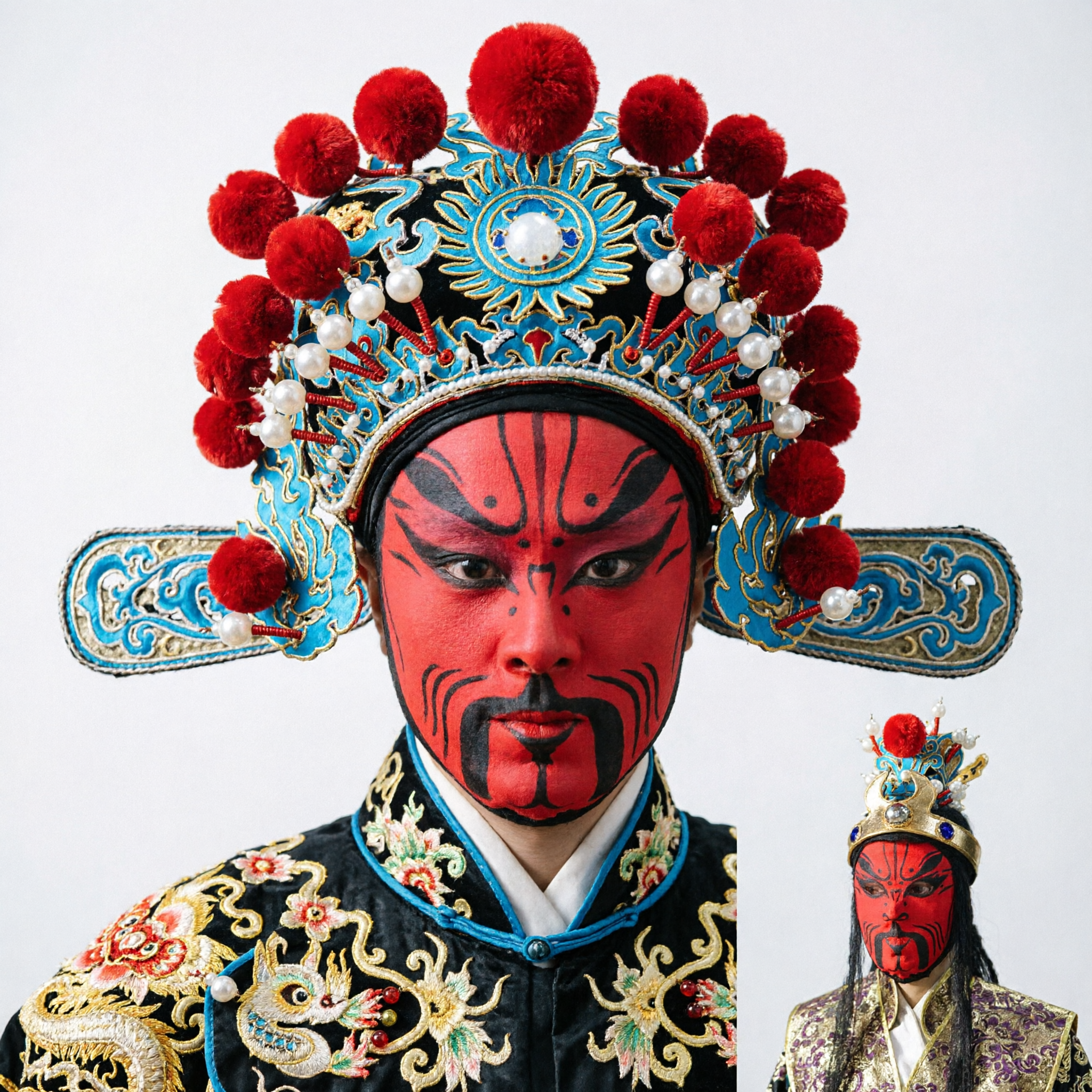 Traditional Chinese Beijing Opera Headdress with Red Pompoms and Gold Embroidery for Stage Performance and Cosplay