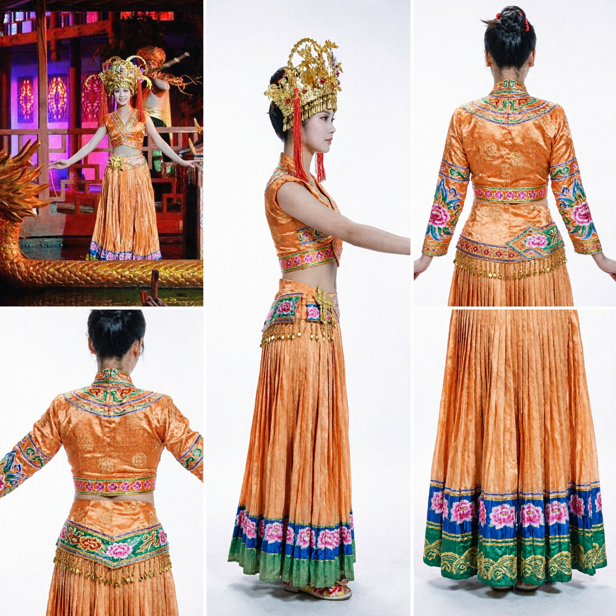 Traditional Thai Classical Dance Costume for Women Orange Folk Stage Performance Dress with Golden Headdress