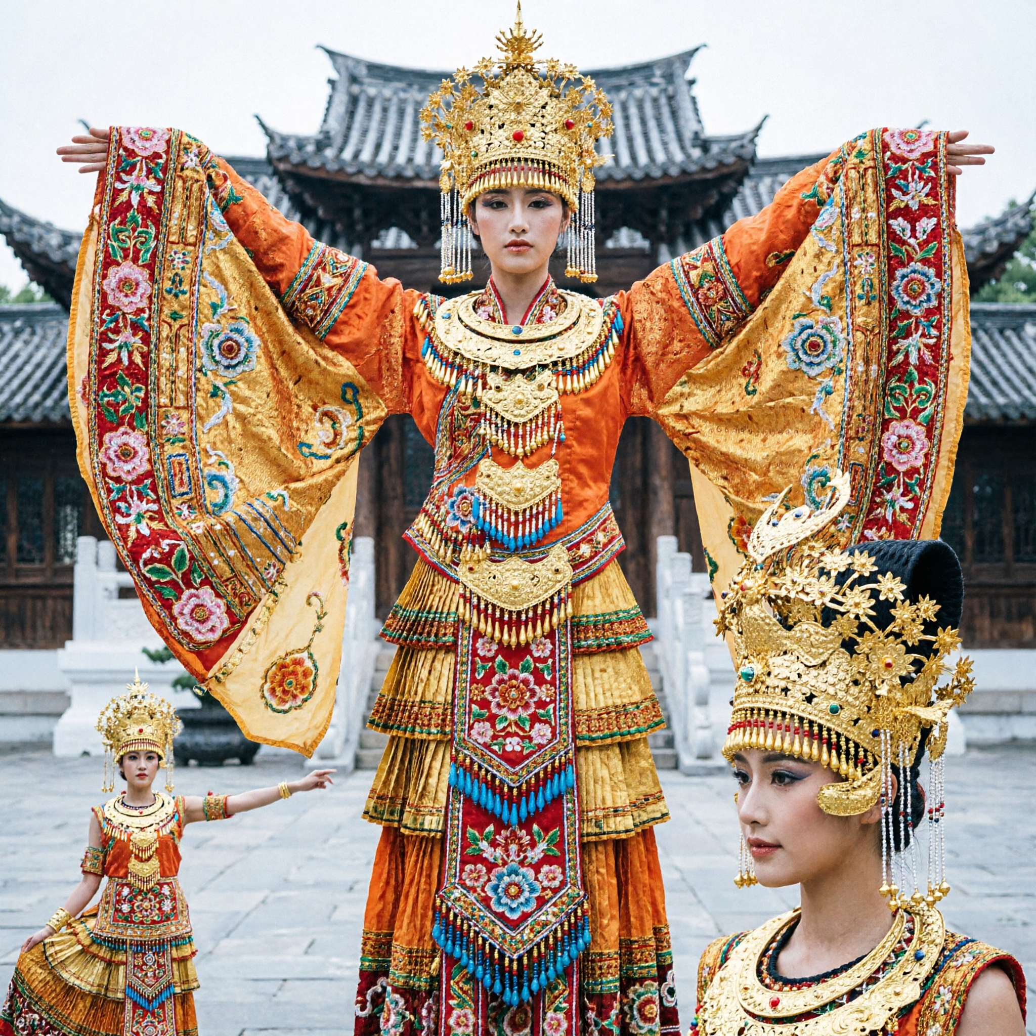 Chinese Traditional Golden Peacock Dance Costume for Women Stage Performance Dress with Feather Headdress