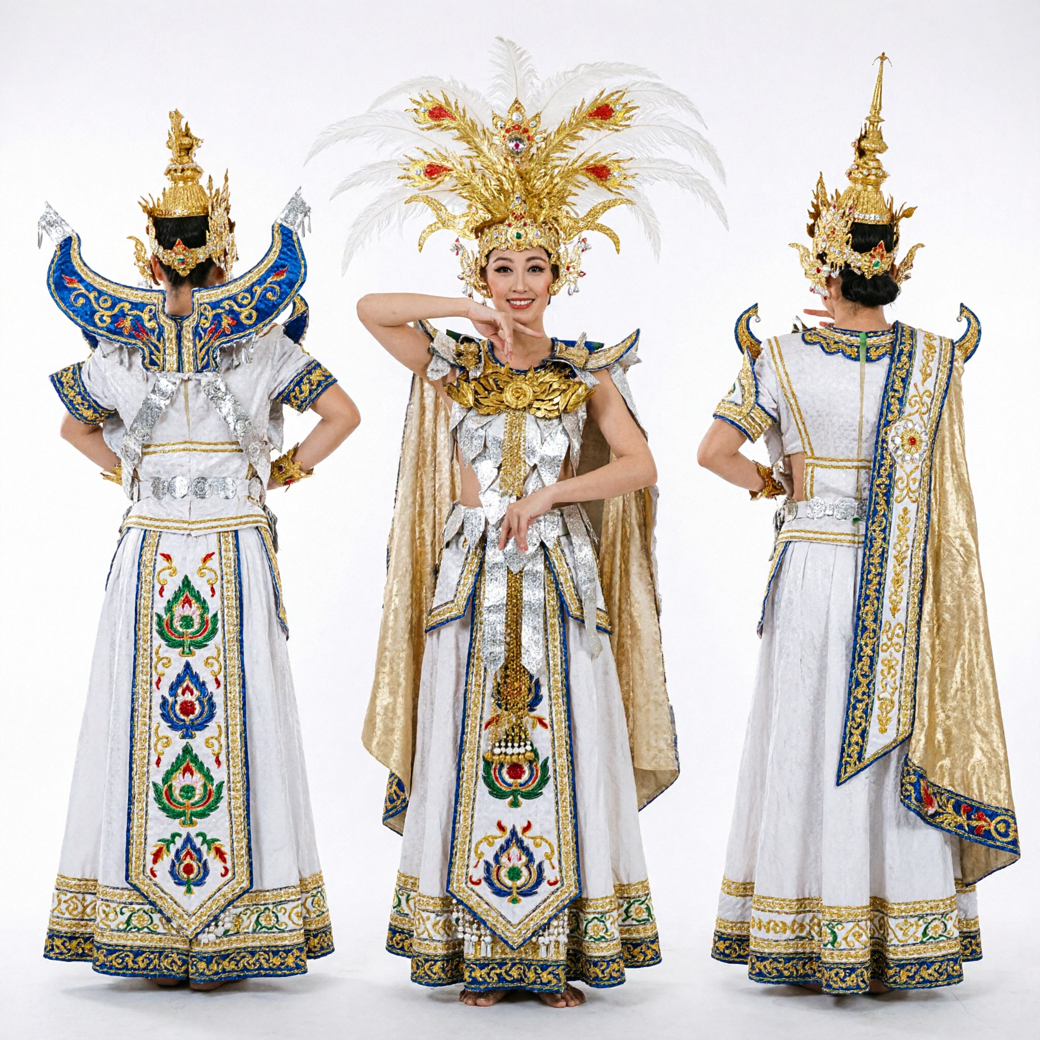 Traditional Chinese Peacock Dance Costume for Women with Large Gold Feather Headdress Stage Performance Dress