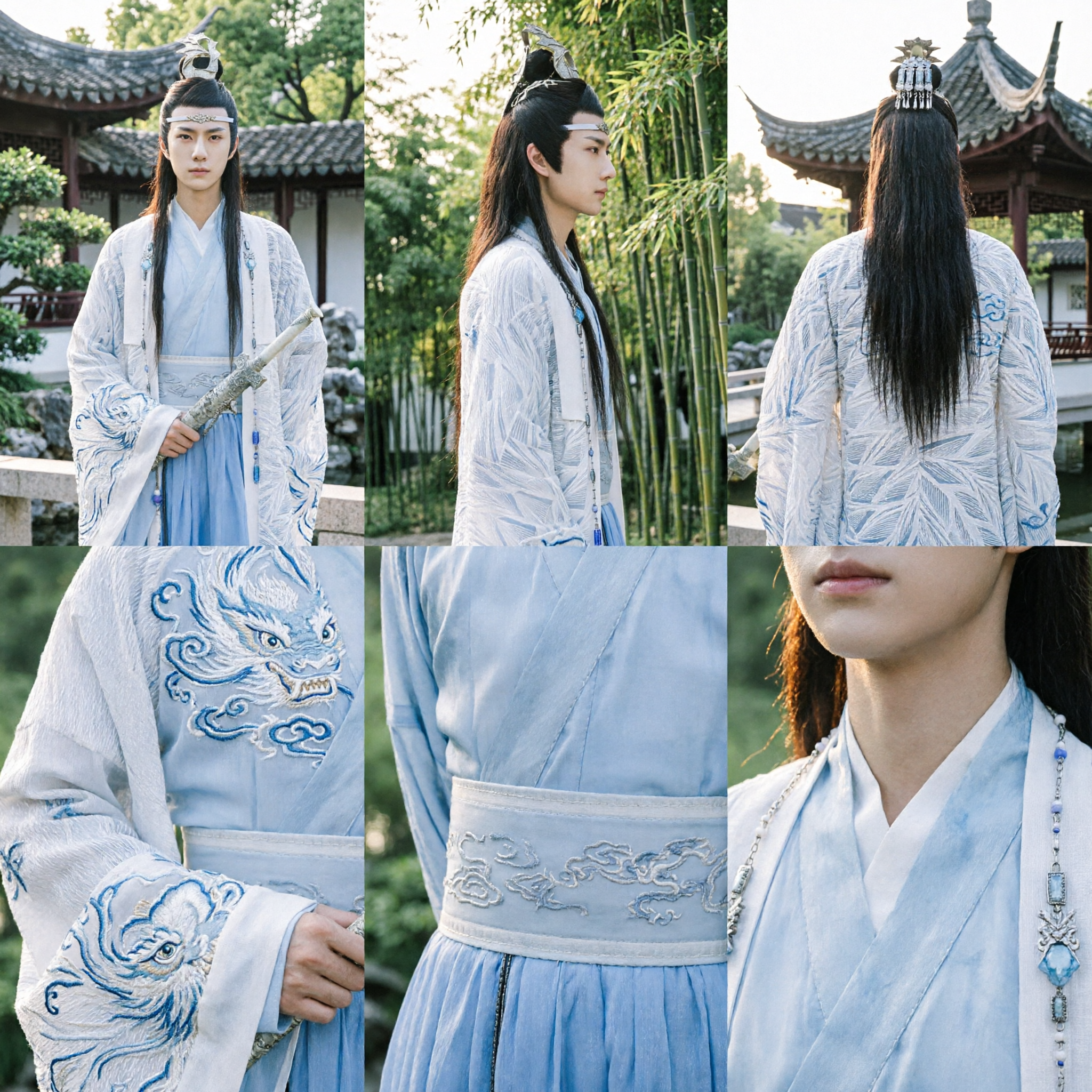 Men's Chinese Ancient Hanfu Costume White Blue Embroidered Robe Wuxia Cosplay Outfit with Headpiece and Sword