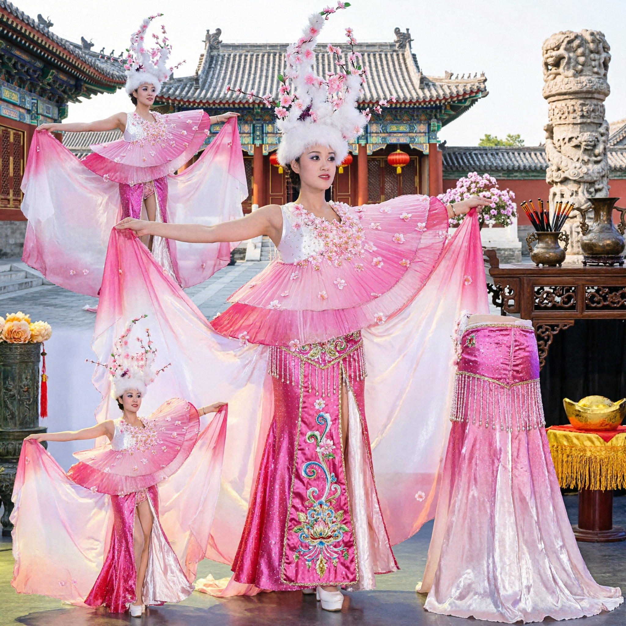 Elegant Pink Peach Blossom Fairy Costume Chinese Stage Dance Dress with Wings and Floral Headpiece for Adults