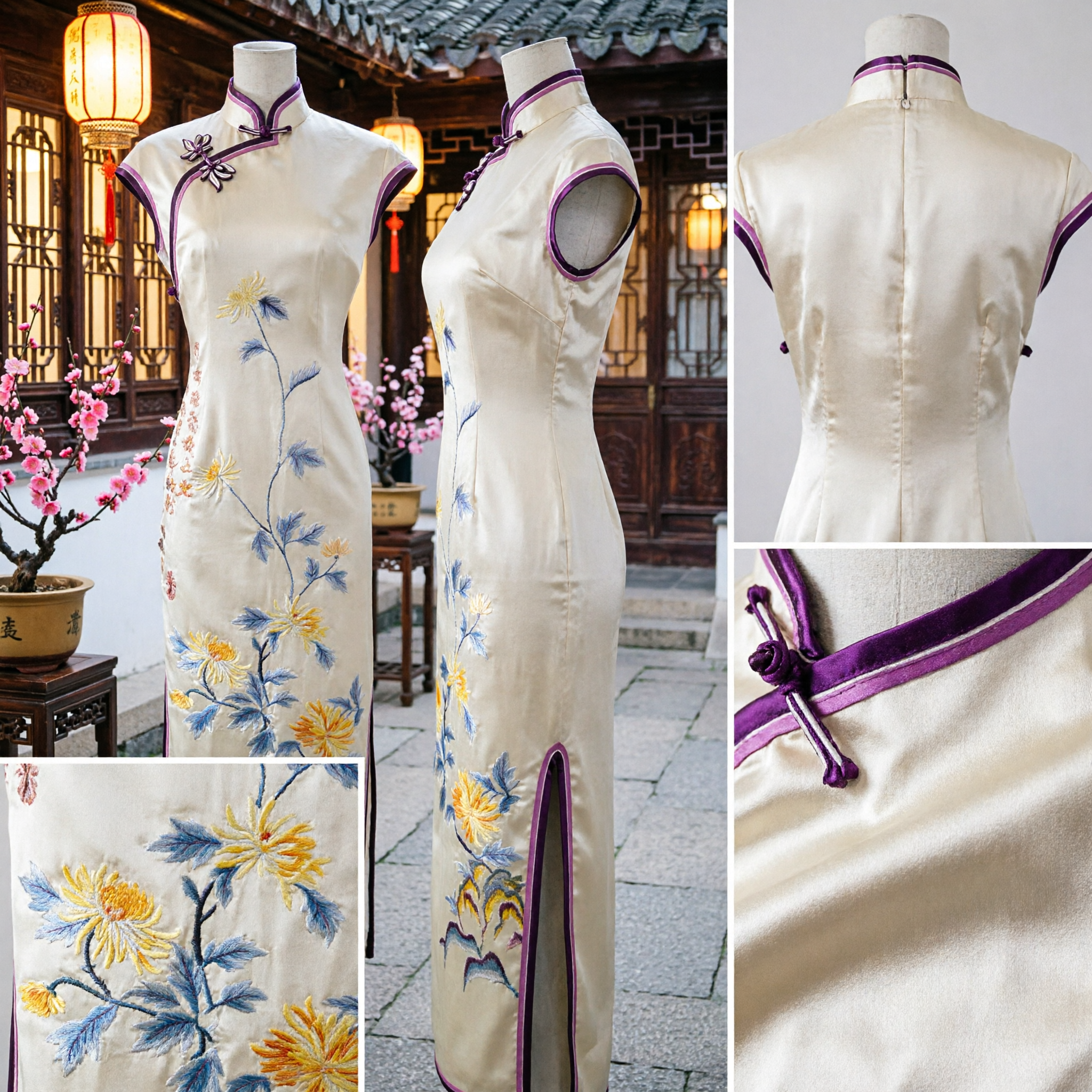Elegant Cream Silk Cheongsam with Floral Embroidery Traditional Chinese Qipao Dress for Women Wedding Party