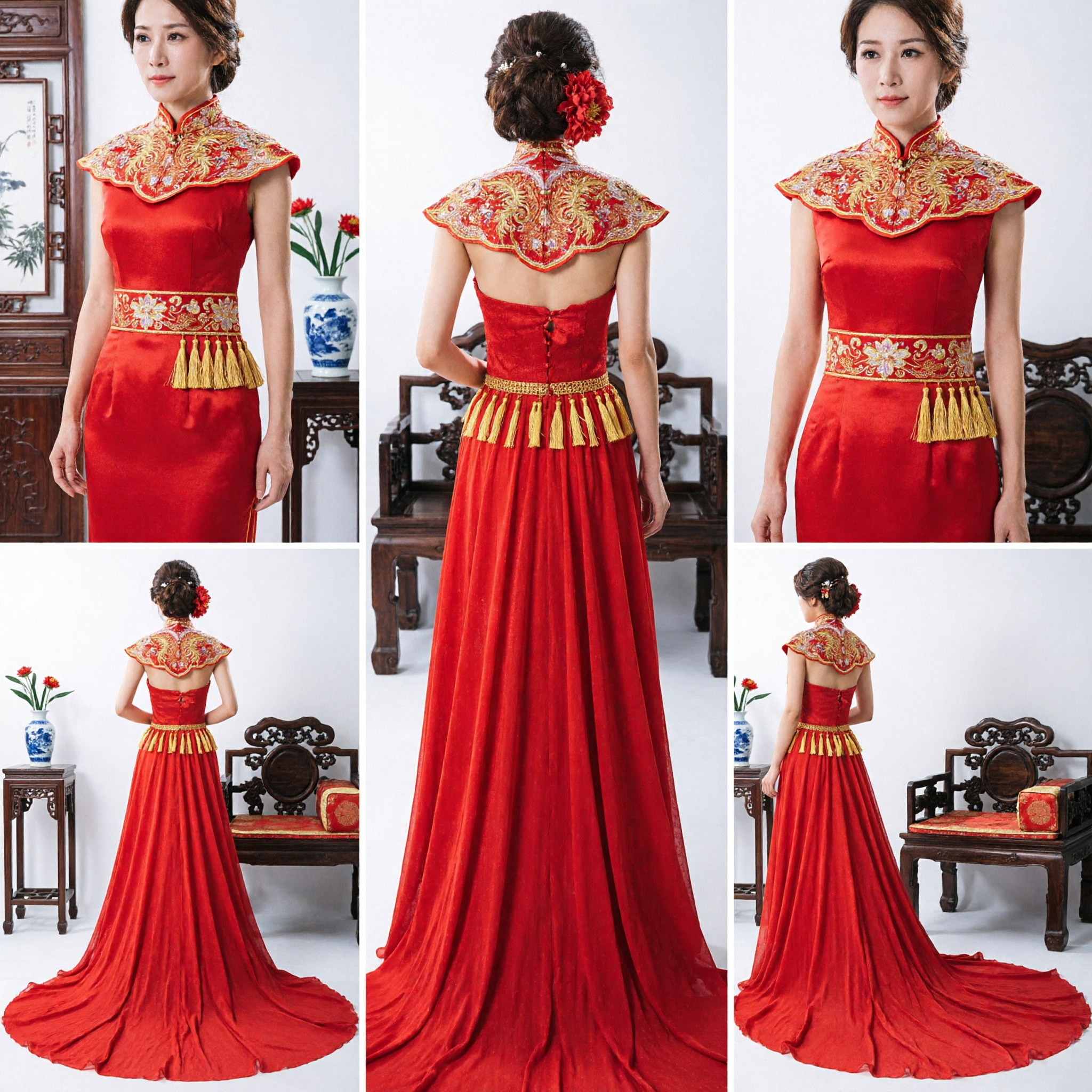 Elegant Traditional Chinese Red Wedding Toast Dress for Bride Long Train Evening Gown with Gold Embroidery