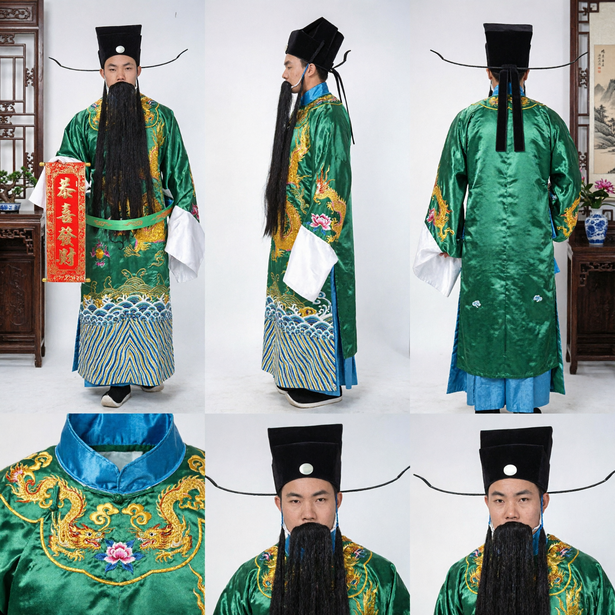 Men's Traditional Chinese Caishen Costume Green Dragon Robe with Official Hat and Beard for New Year Performance