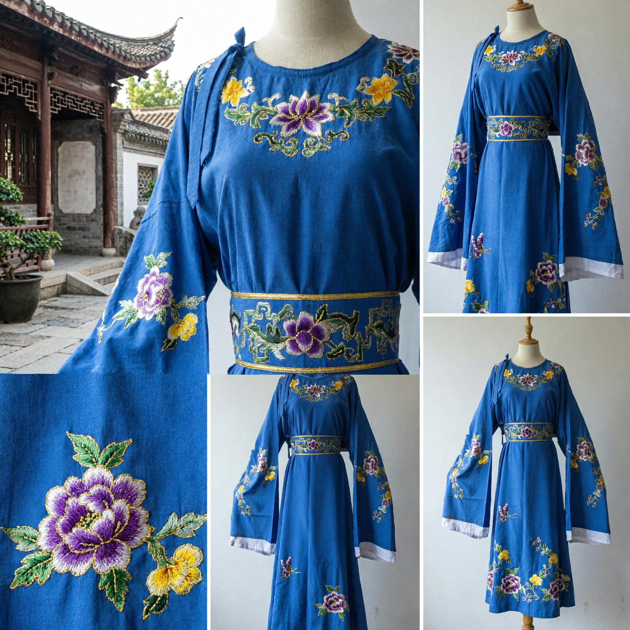 Royal Blue Traditional Chinese Hanfu Dress with Floral Embroidery Wide Sleeves for Women Ancient Costume