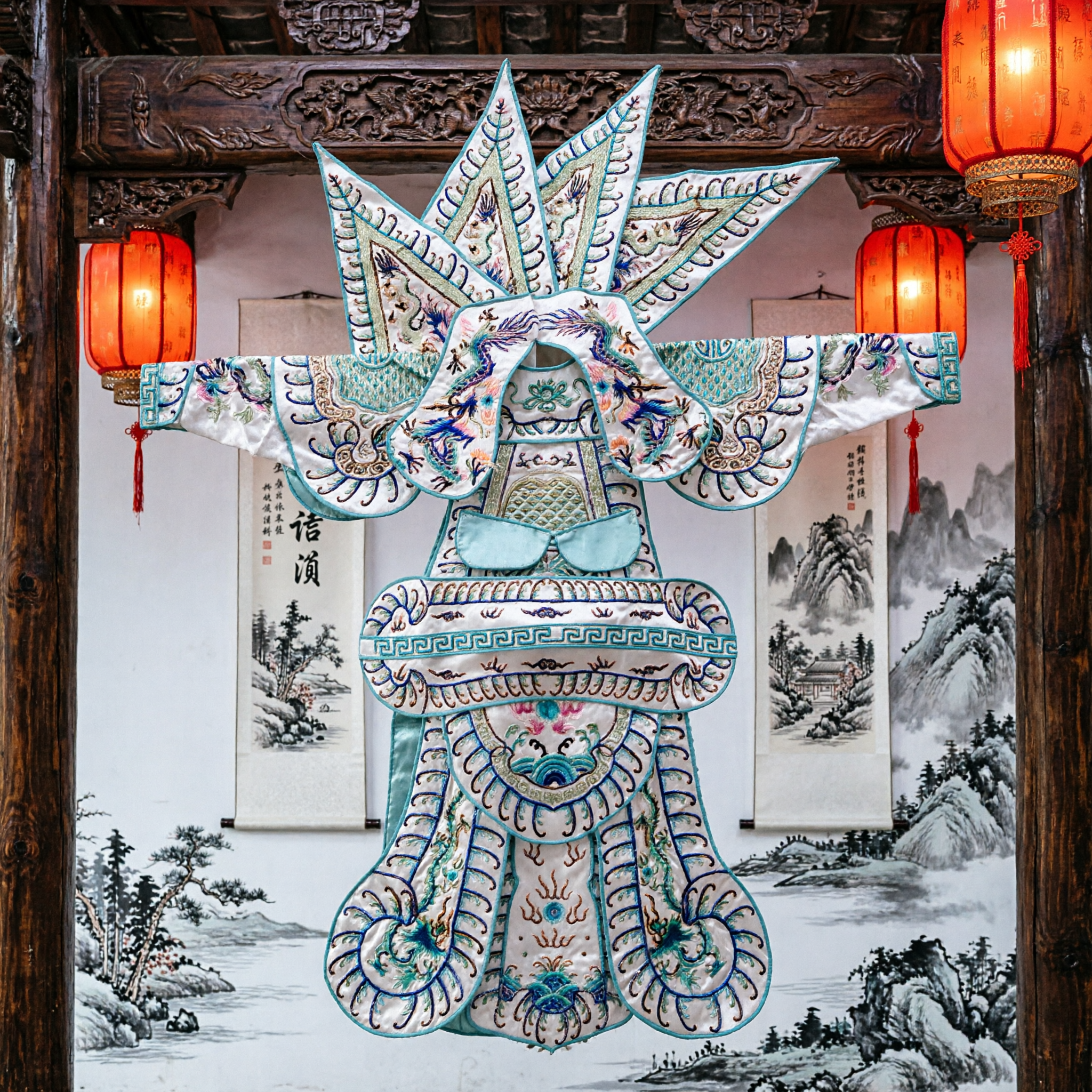 Traditional Chinese Peking Opera General White Kao Armor with Flags Embroidered Stage Costume