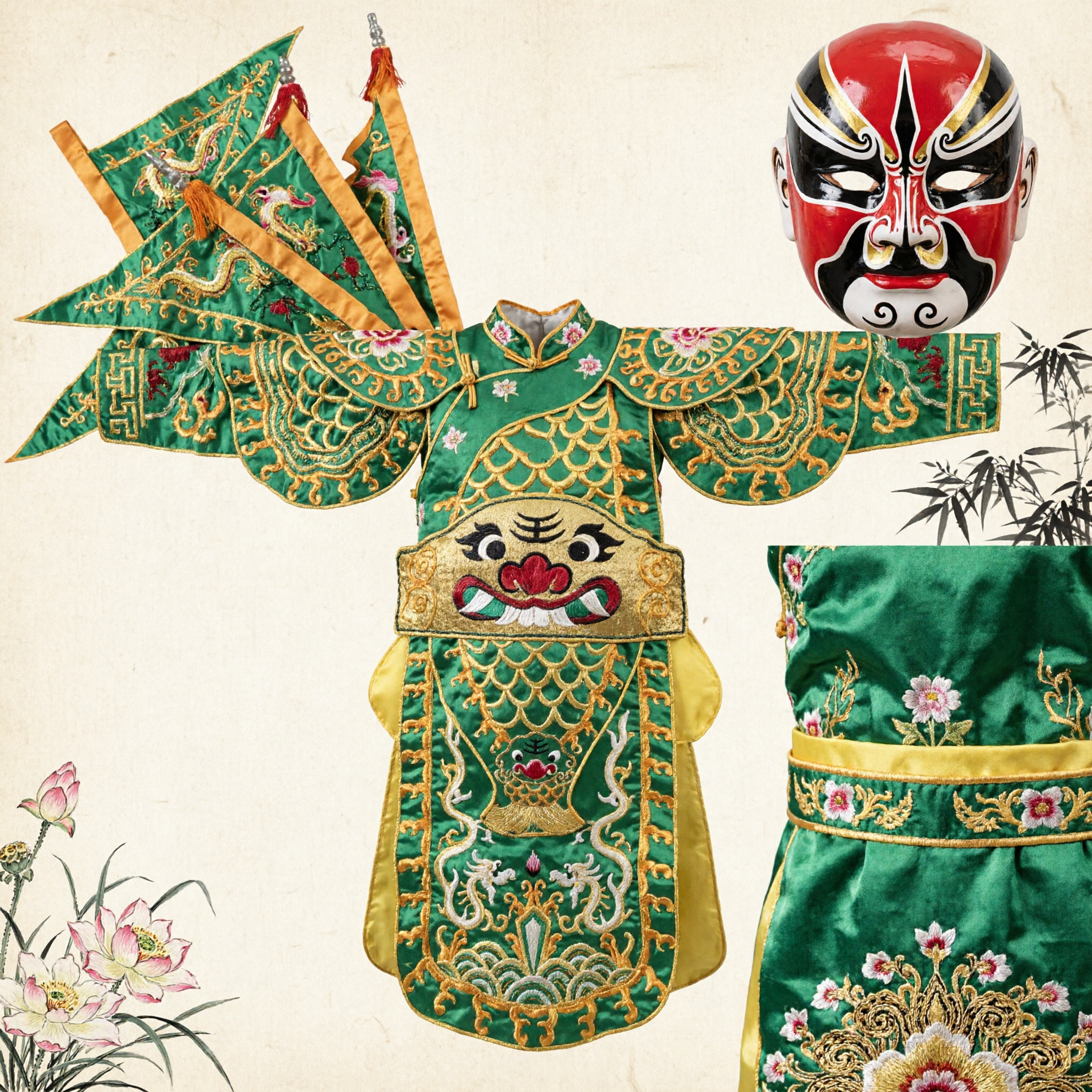 Traditional Chinese Opera Costume Green Dragon General Armor Back Flags and Apron Set for Stage Performance