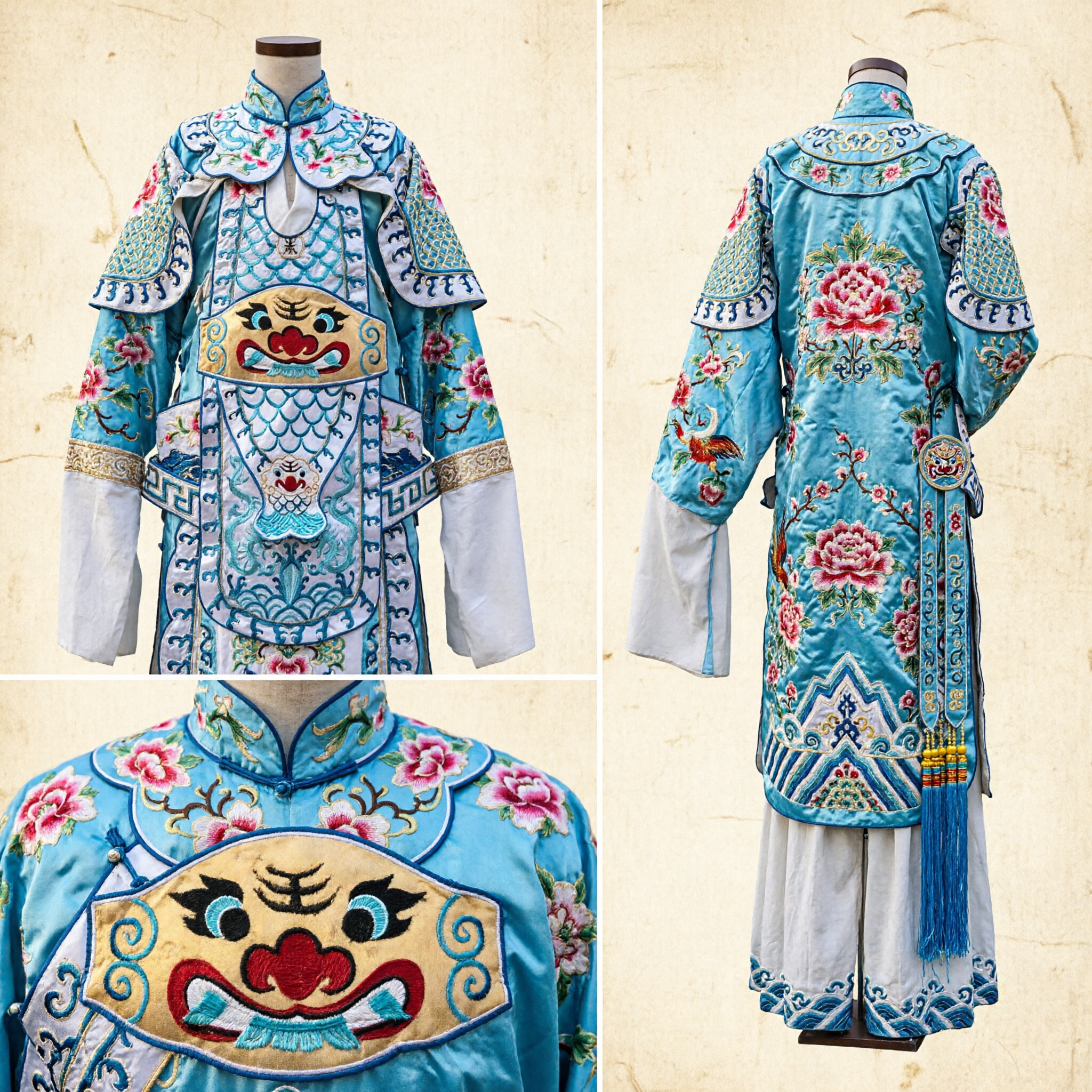 Traditional White and Blue Peking Opera General Armor Costume Set with Dragon Embroidery for Kids Performance