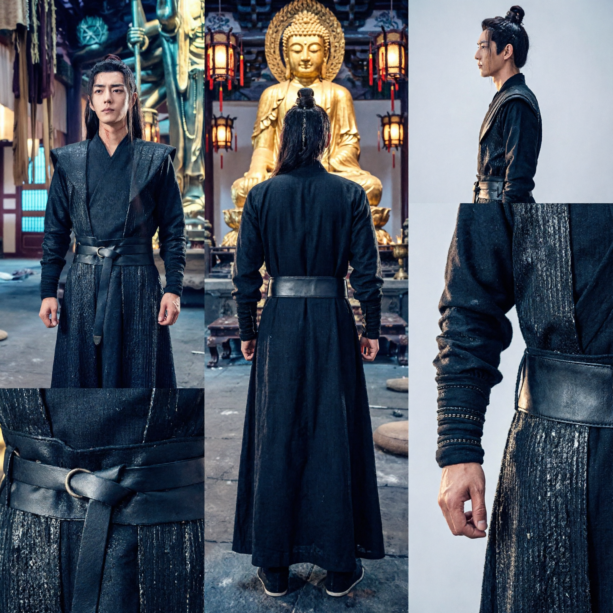 Men's Black Ancient Chinese Swordsman Costume Traditional Hanfu Wuxia Robe for Cosplay Performance