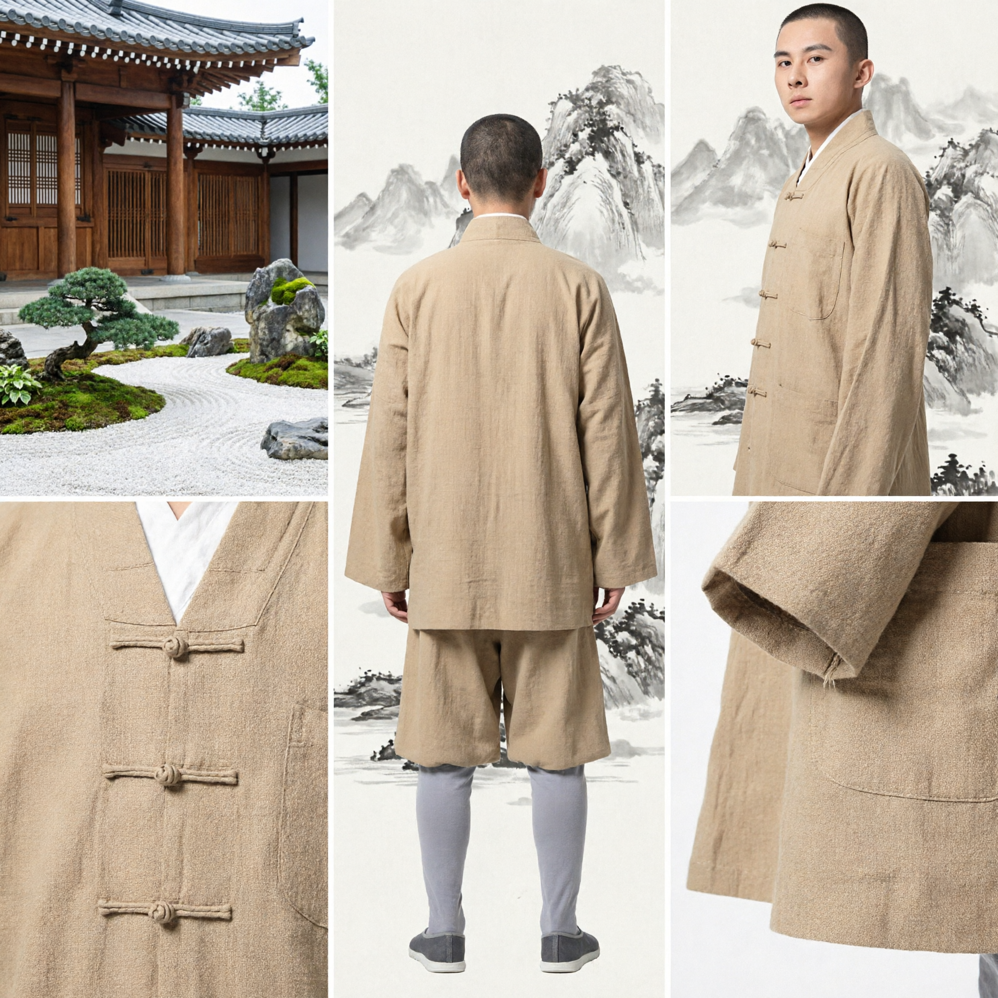 Men's Traditional Chinese Linen Monk Robe Kung Fu Suit Set for Meditation and Martial Arts
