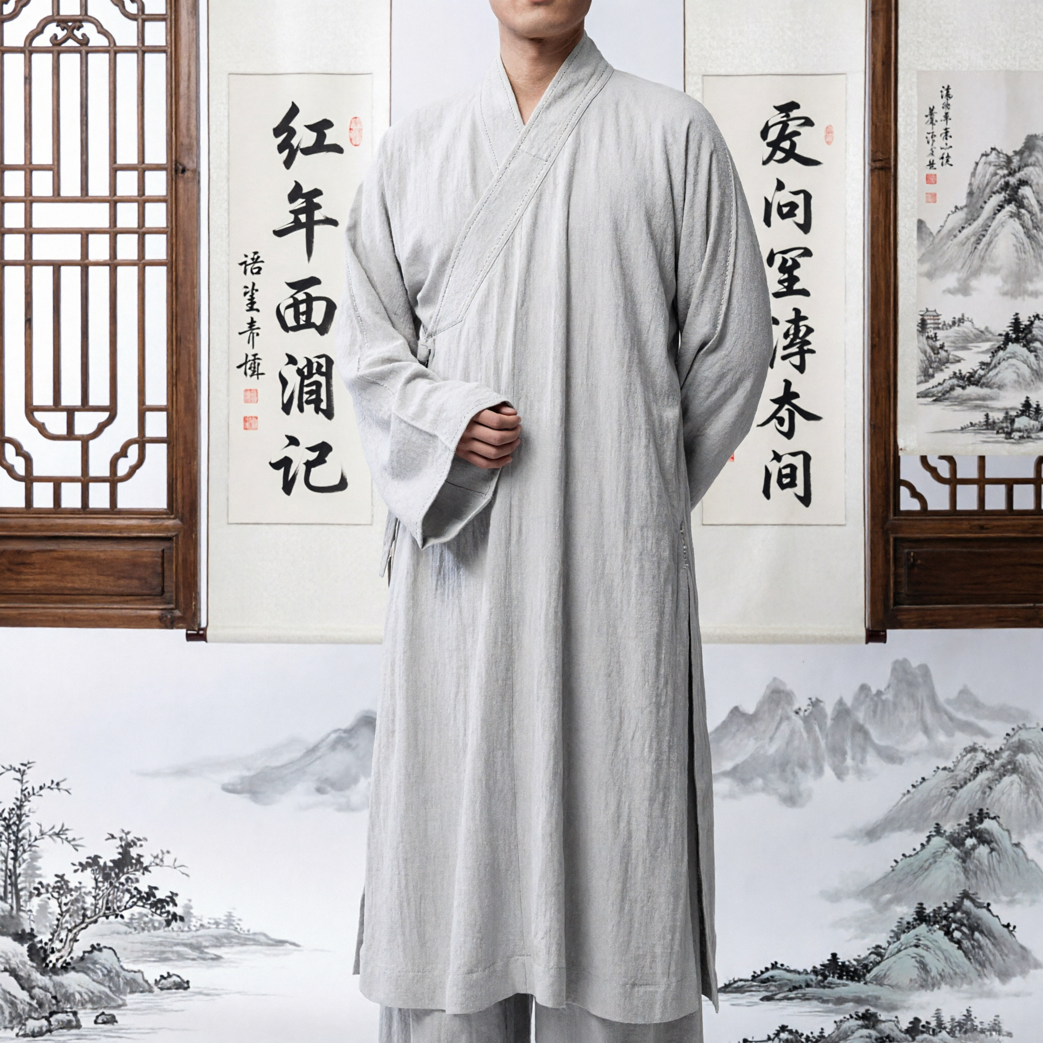 Traditional Chinese Hanfu Men's Linen Robe Ancient Taoist Monk Meditation Tai Chi Costume