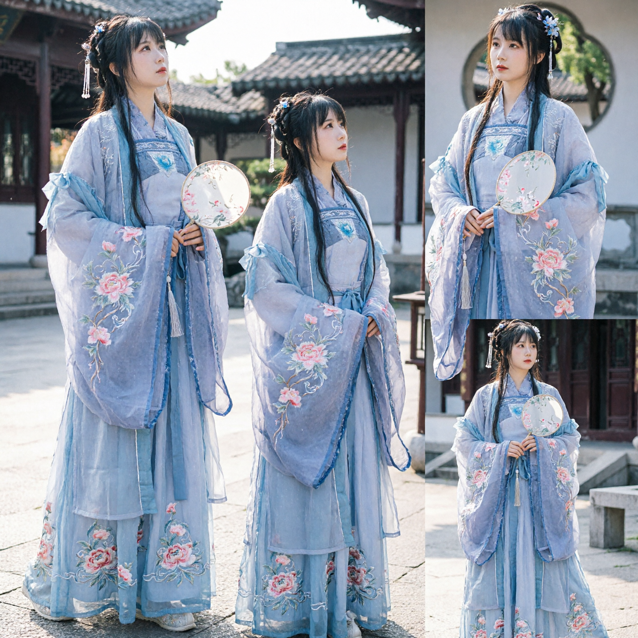 Elegant Blue Hanfu Traditional Chinese Clothing Embroidered Fairy Dress with Wide Sleeves for Women Cosplay