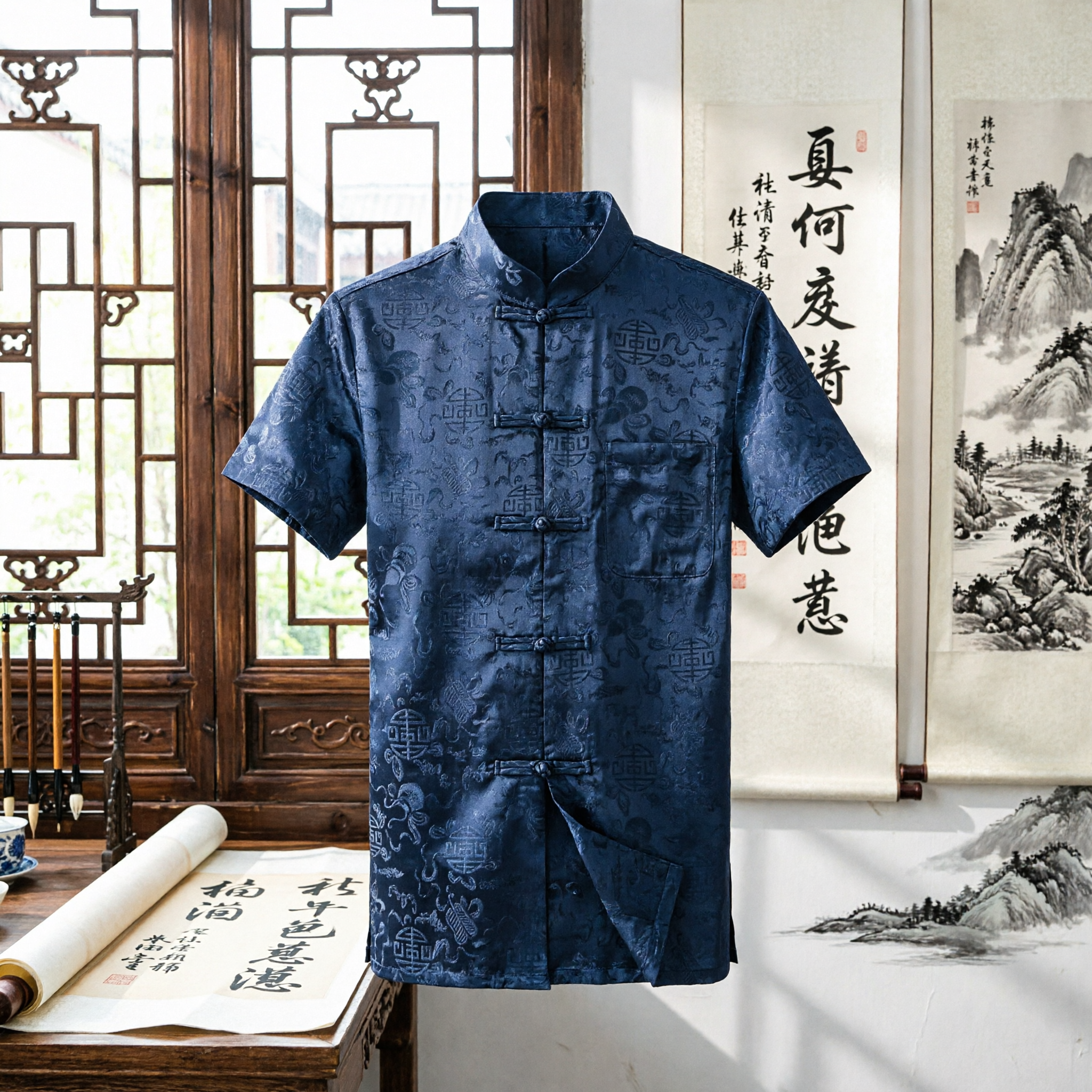 Navy Blue Men's Traditional Chinese Silk Tang Suit Short Sleeve Shirt Mandarin Collar Top for Wedding Party