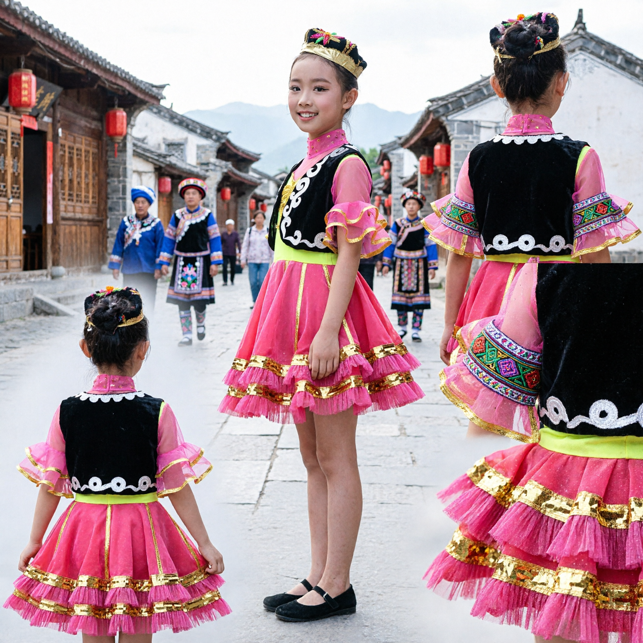 Chinese Uyghur Ethnic Dance Costume for Kids Girls Traditional Xinjiang Folk Dress Performance Stage Outfit