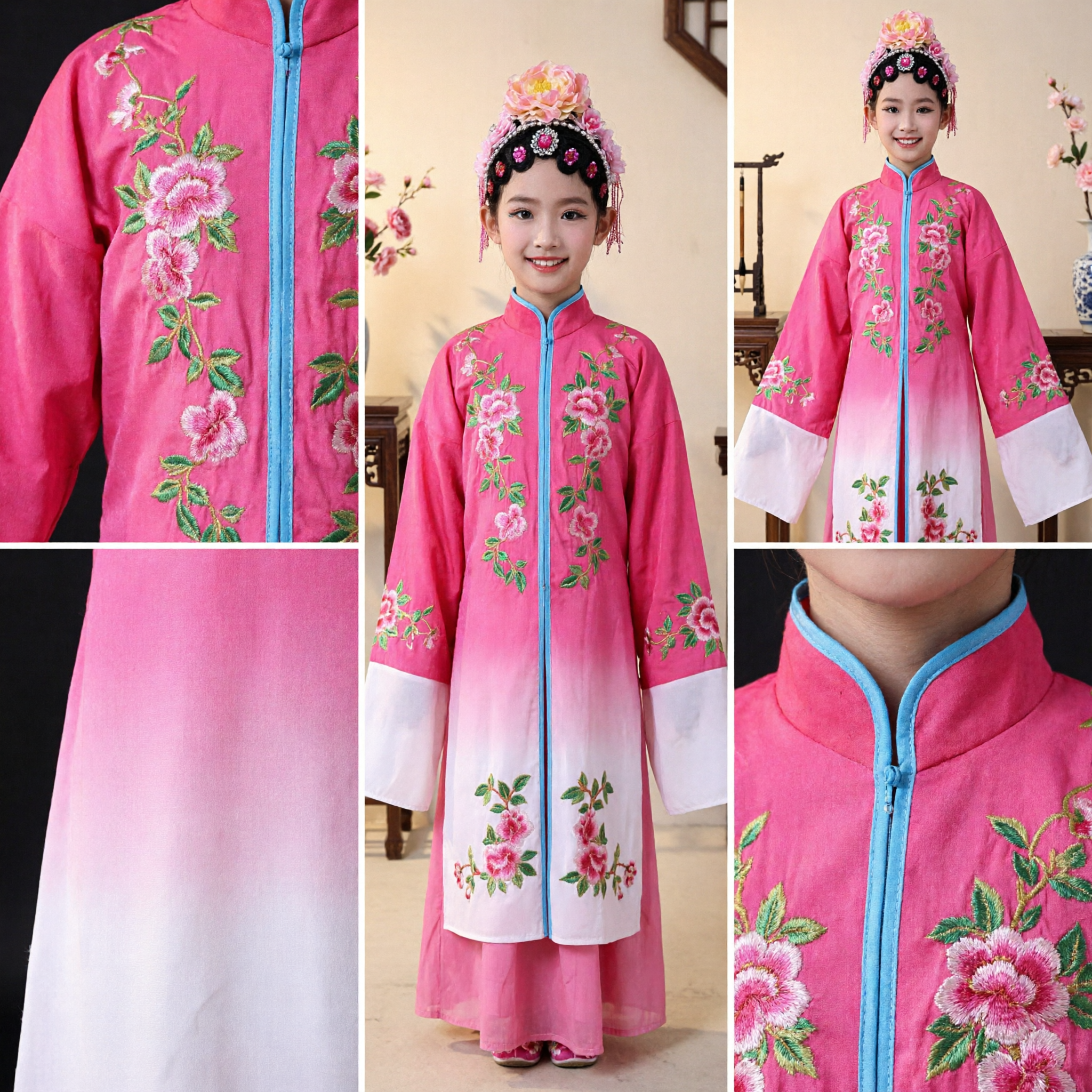 Traditional Chinese Opera Costume for Kids Girls Pink Floral Embroidery Stage Performance Dance Dress