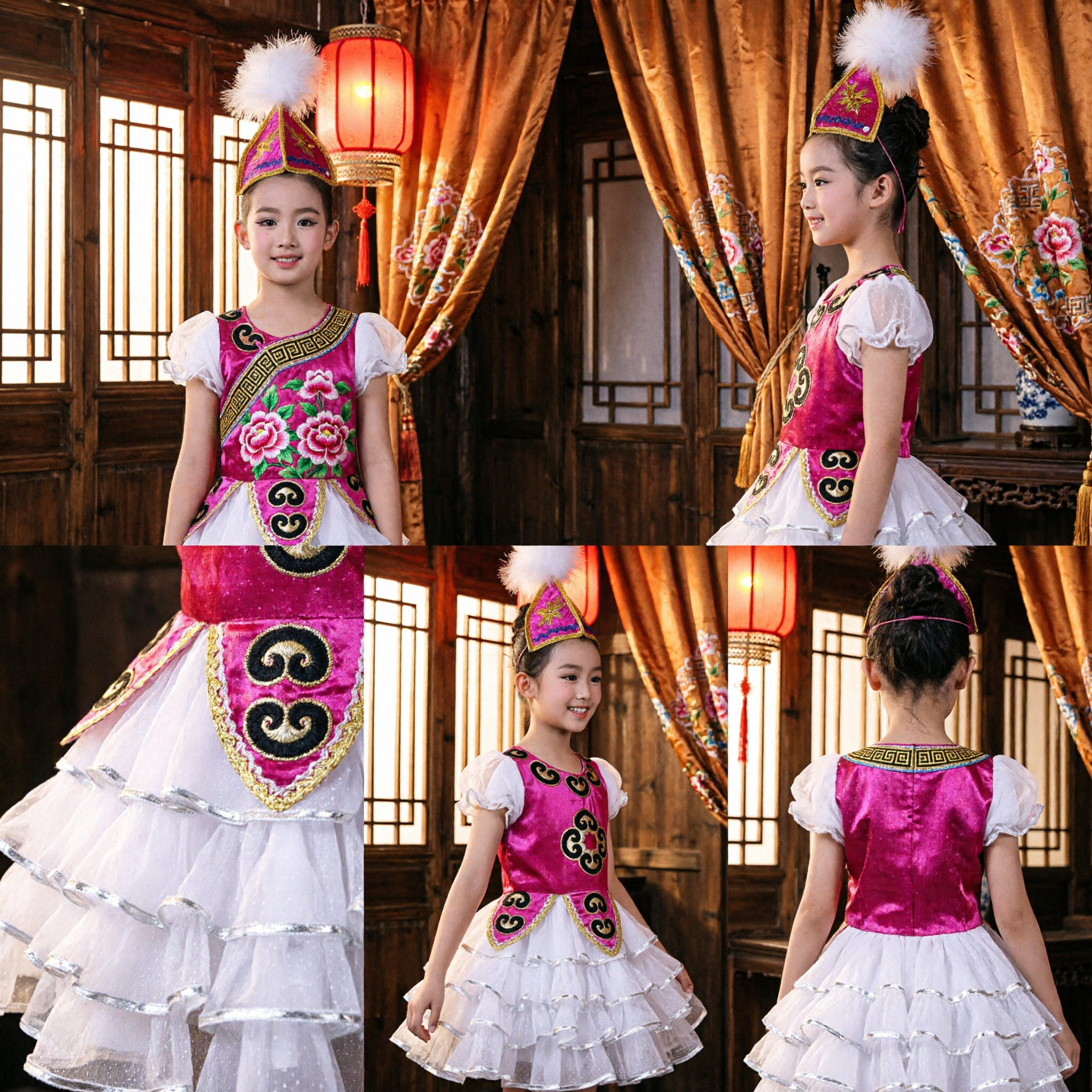 Chinese Xinjiang Uyghur Traditional Dance Costume for Girls Kids Stage Performance Folk Dress with Feather Hat