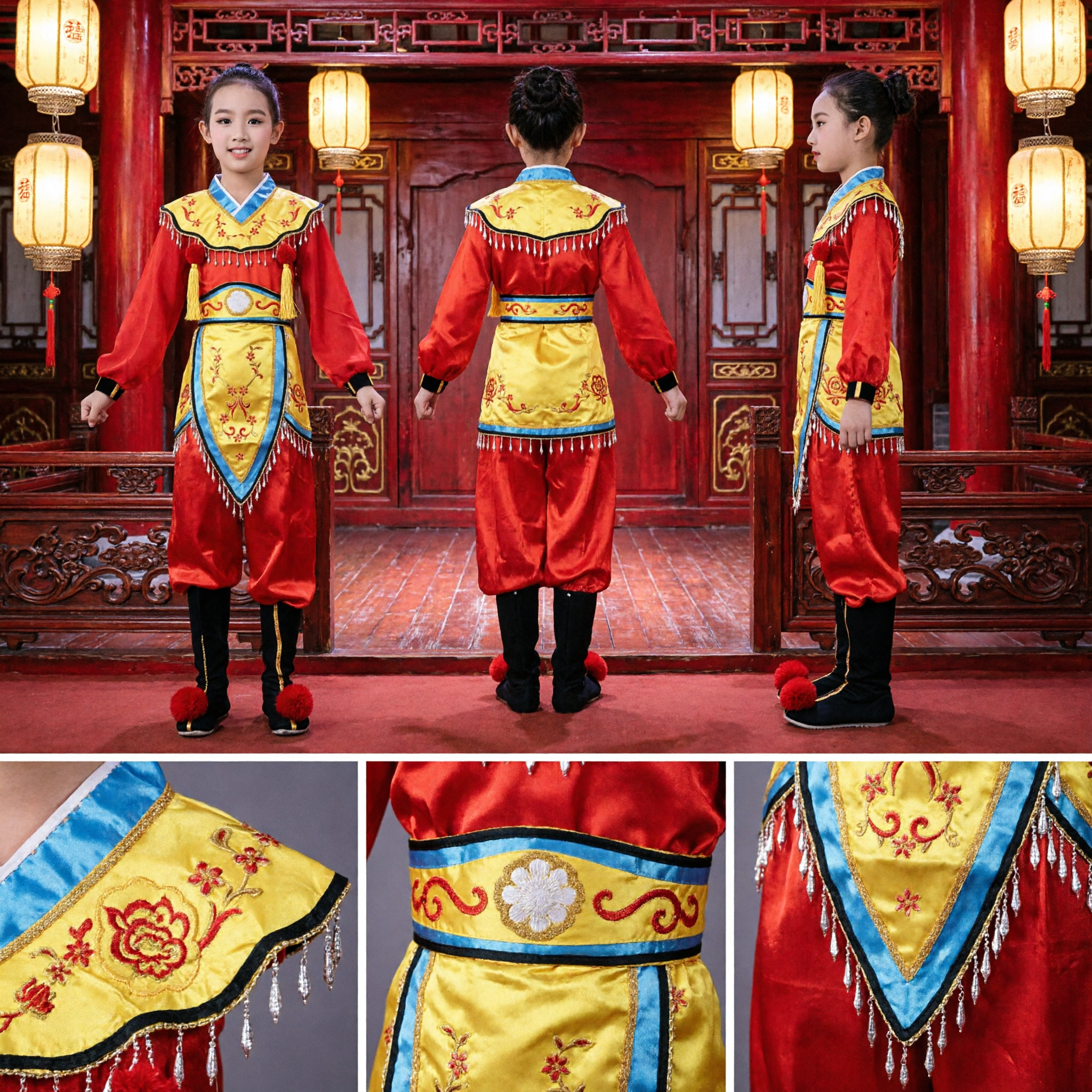 Chinese Traditional Folk Dance Costume for Kids Girls Red and Yellow Ethnic Minority Stage Performance Outfit