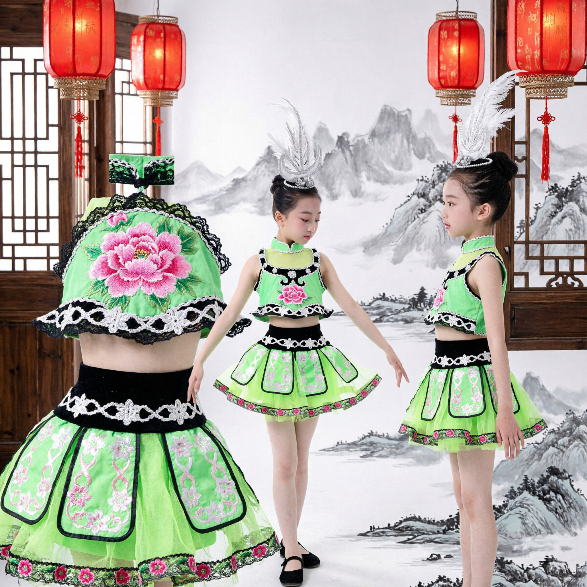 Chinese Traditional Dance Costume for Girls Green Lotus Folk Dress Stage Performance Outfit Kids