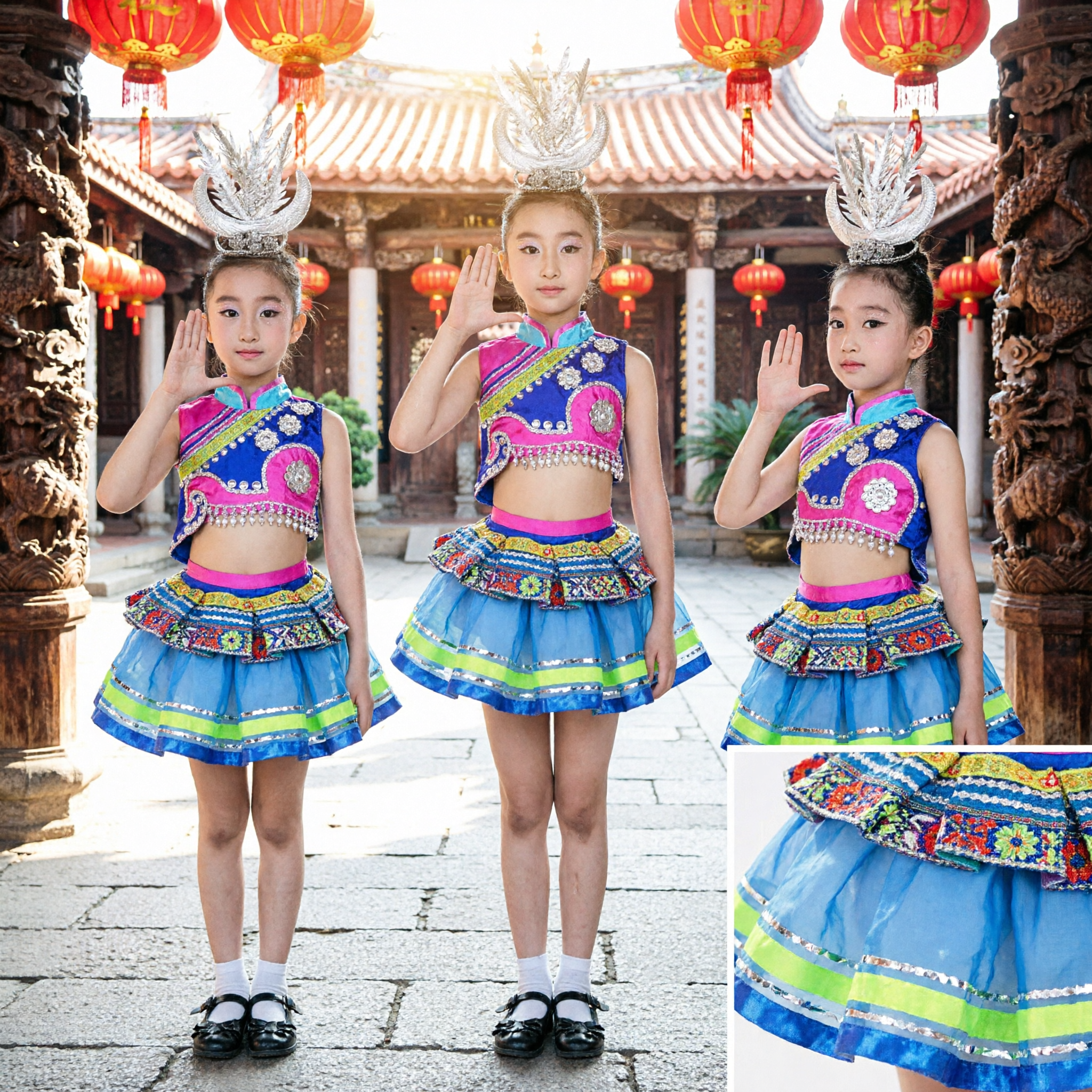 Girls Chinese Ethnic Minority Dance Costume Blue Miao Traditional Dress with Silver Headdress for Folk Performance