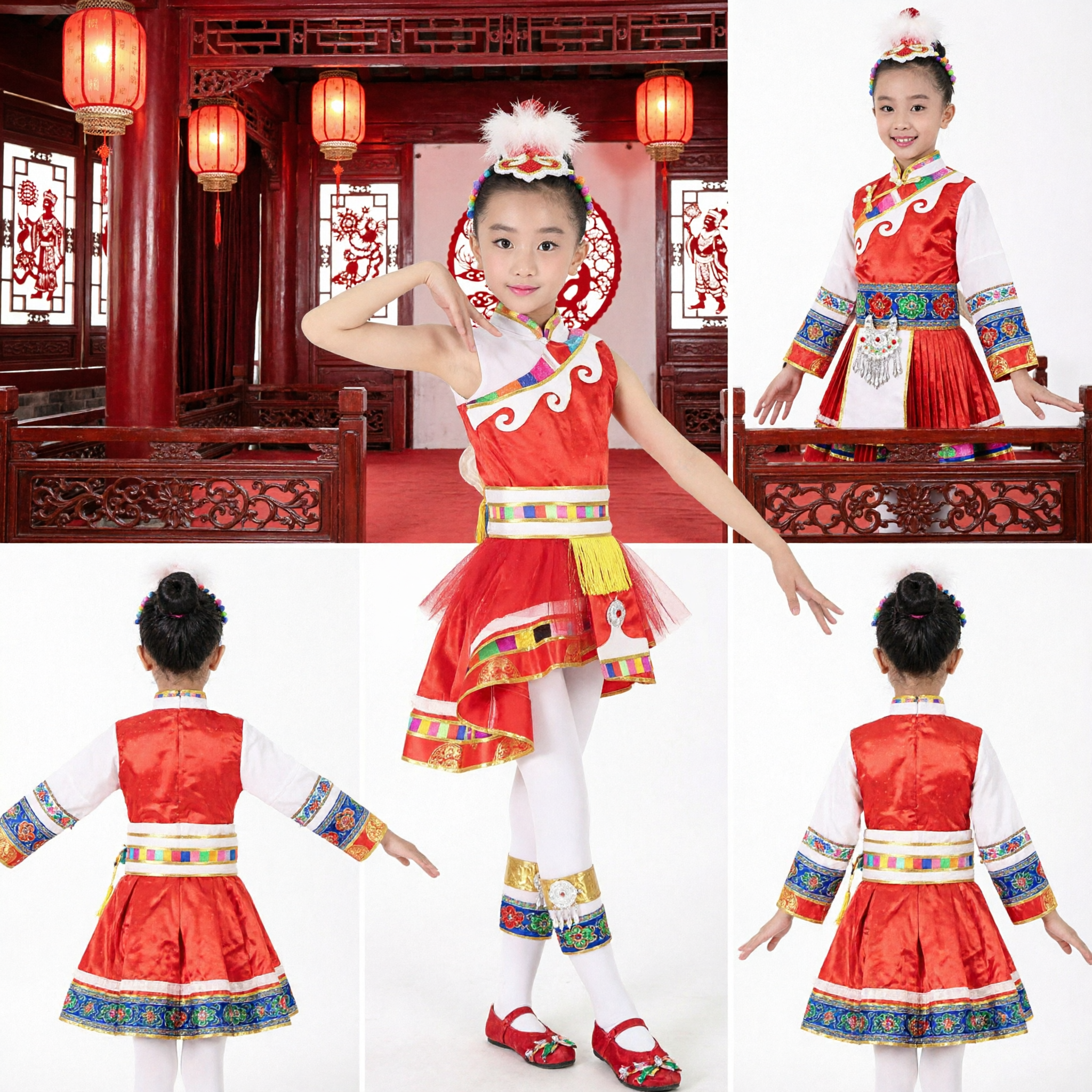 Traditional Chinese Dance Costume for Girls Red Ethnic Folk Dress Kids Stage Performance Outfit