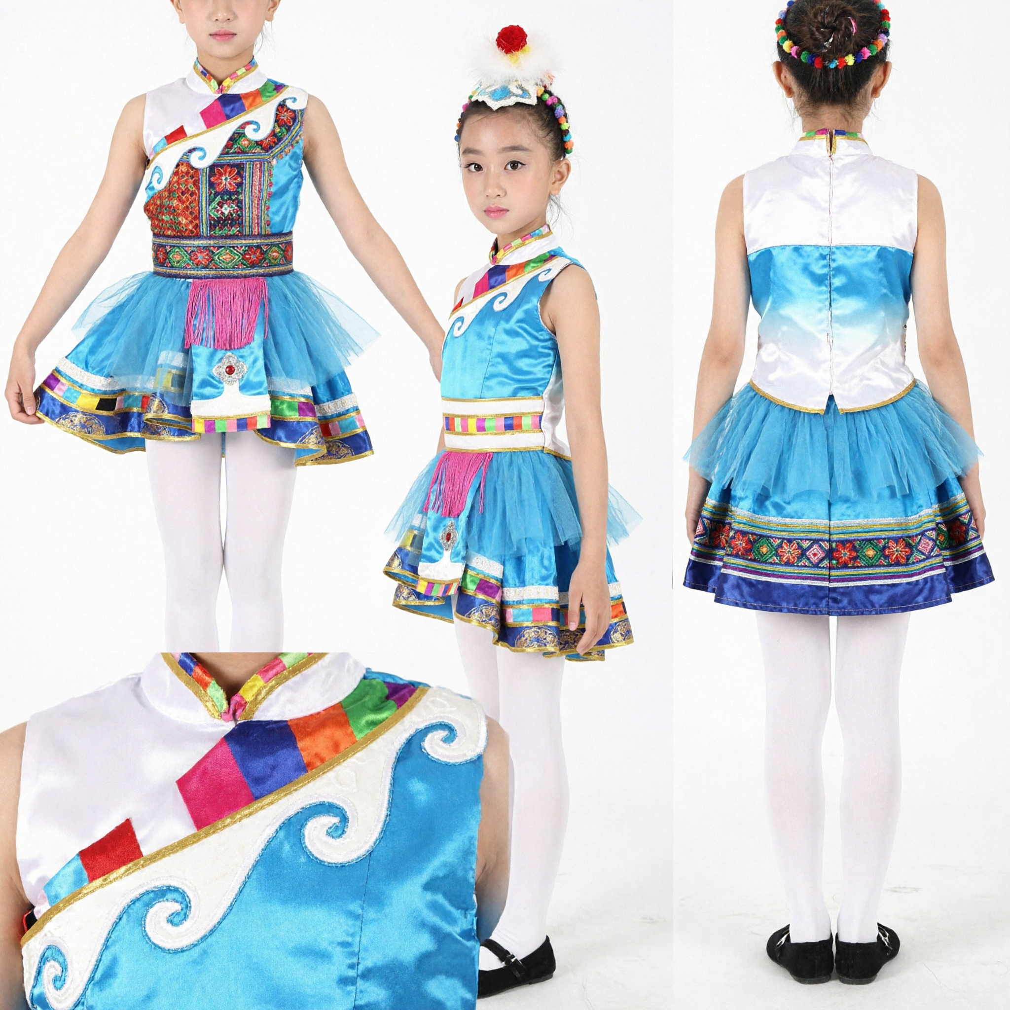 Kids Girls Chinese Tibetan Ethnic Dance Costume Blue Traditional Stage Performance Dress for Children