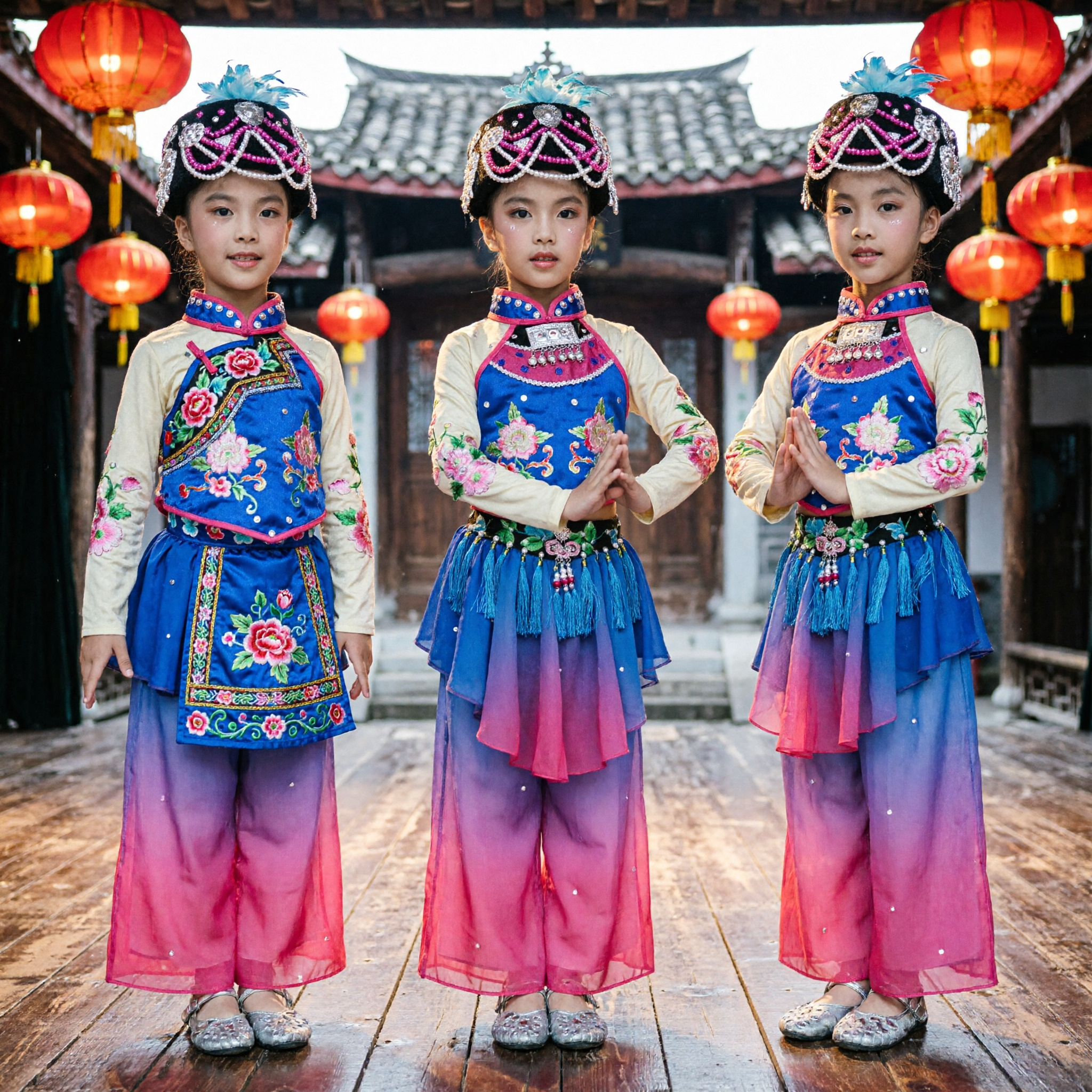 Traditional Chinese Ethnic Dance Costume for Kids Girls Colorful Miao Minority Embroidery Stage Performance Outfit