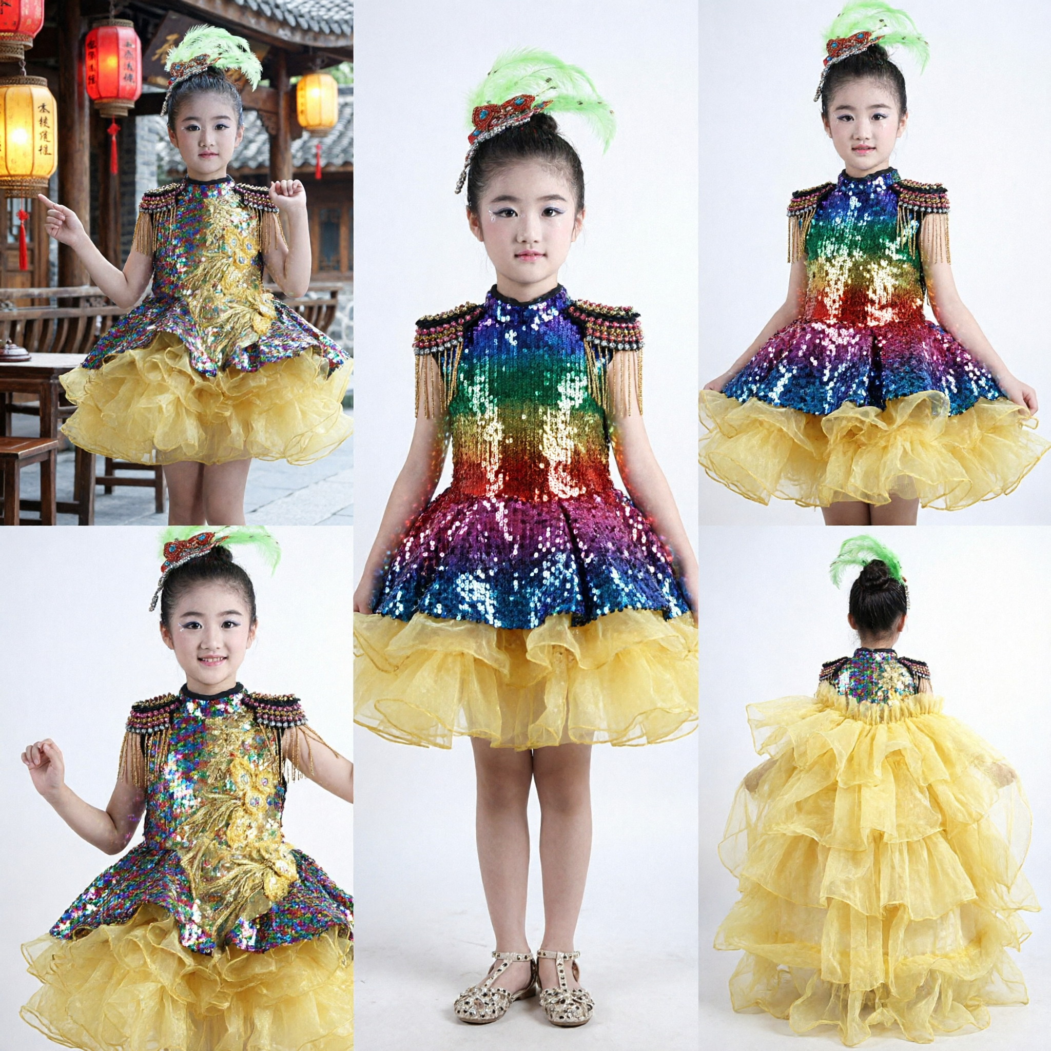 Girls Yellow Sequin Stage Performance Dress with Tulle Skirt and Headpiece for Dance Competitions