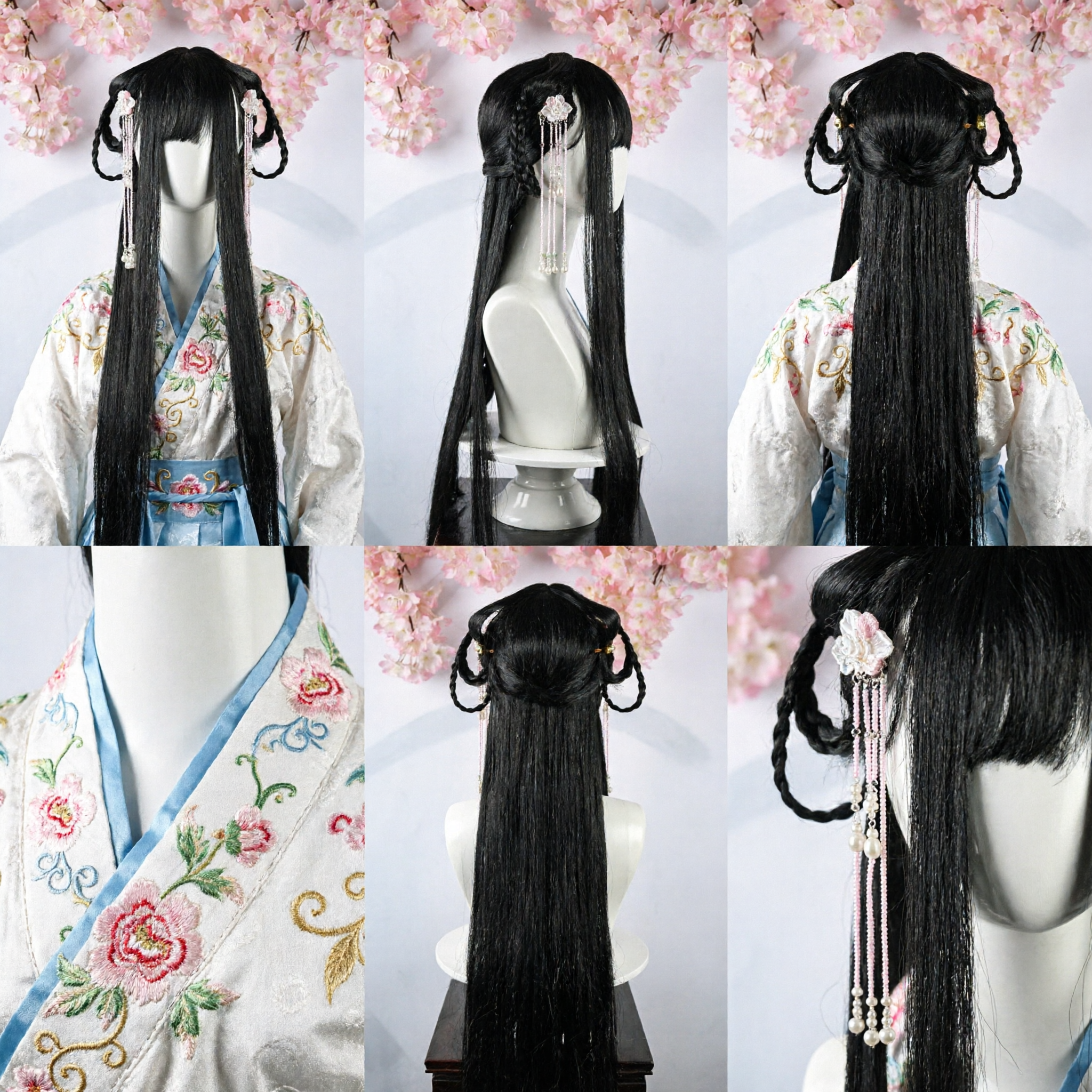 Traditional Chinese Hanfu Wig Ancient Princess Style Long Black Hairpiece with Hairpins for Cosplay