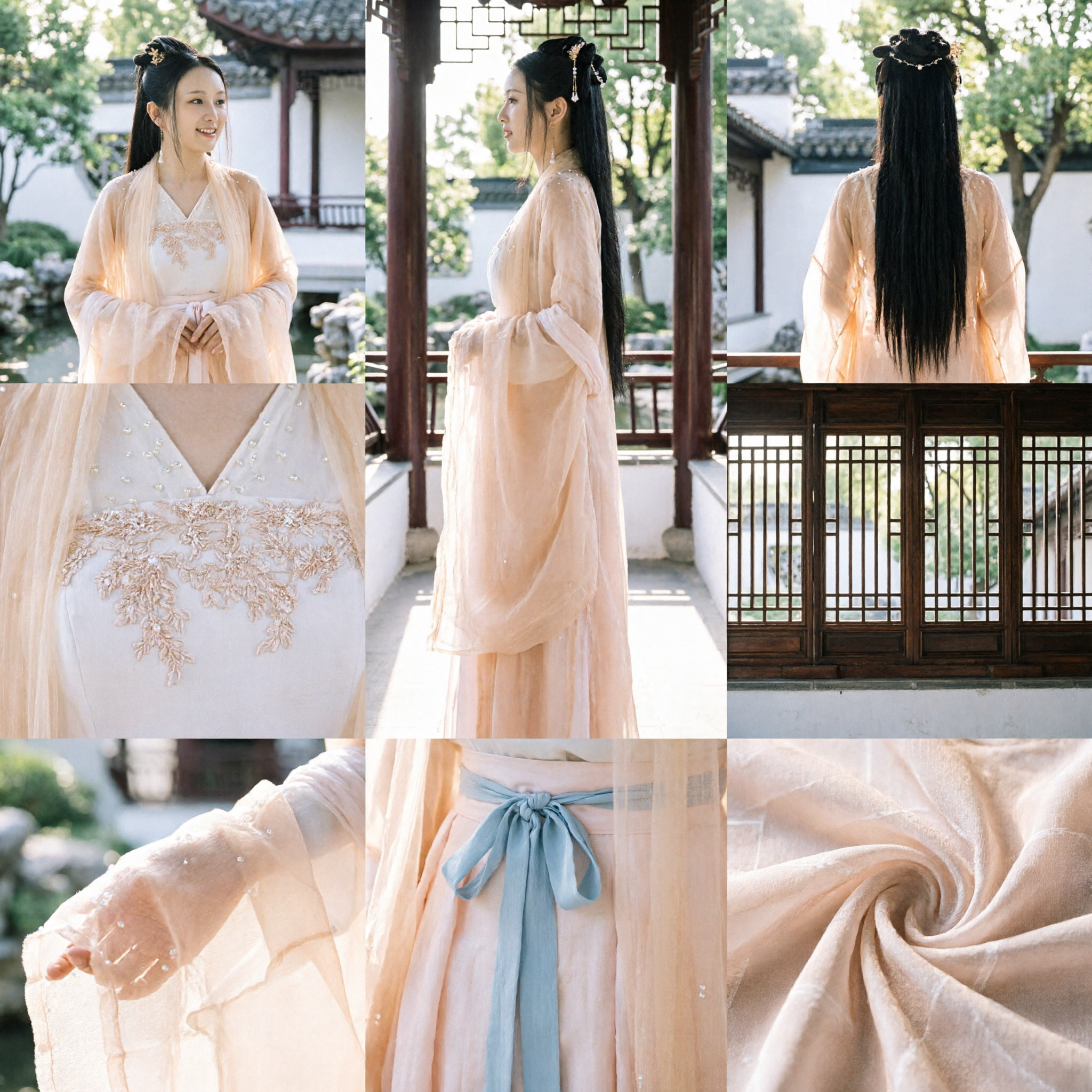 Elegant Peach Chinese Hanfu Traditional Ancient Fairy Costume Dress with Pearl Details for Women Cosplay