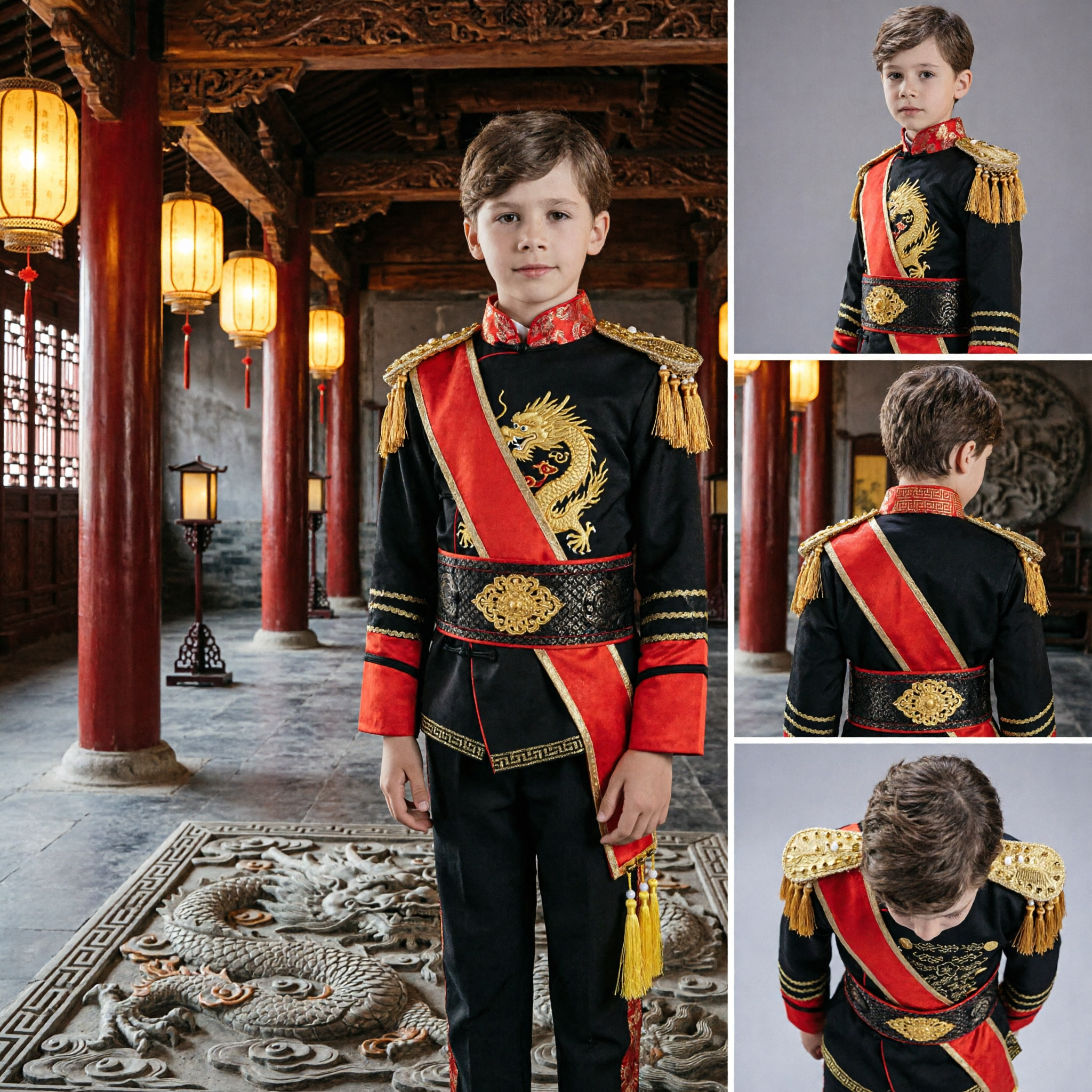 Kids Boys Military Prince Costume Red Black Gold Embroidery Stage Performance Suit for Formal Events