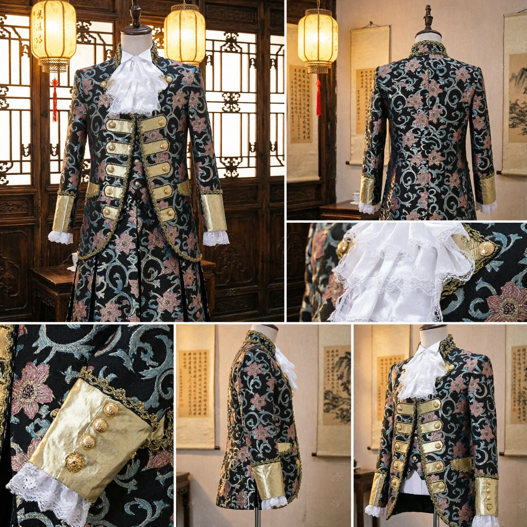 Men's Baroque Floral Brocade Jacket 18th Century Victorian Aristocrat Prince Costume with Gold Trim and Ruffles